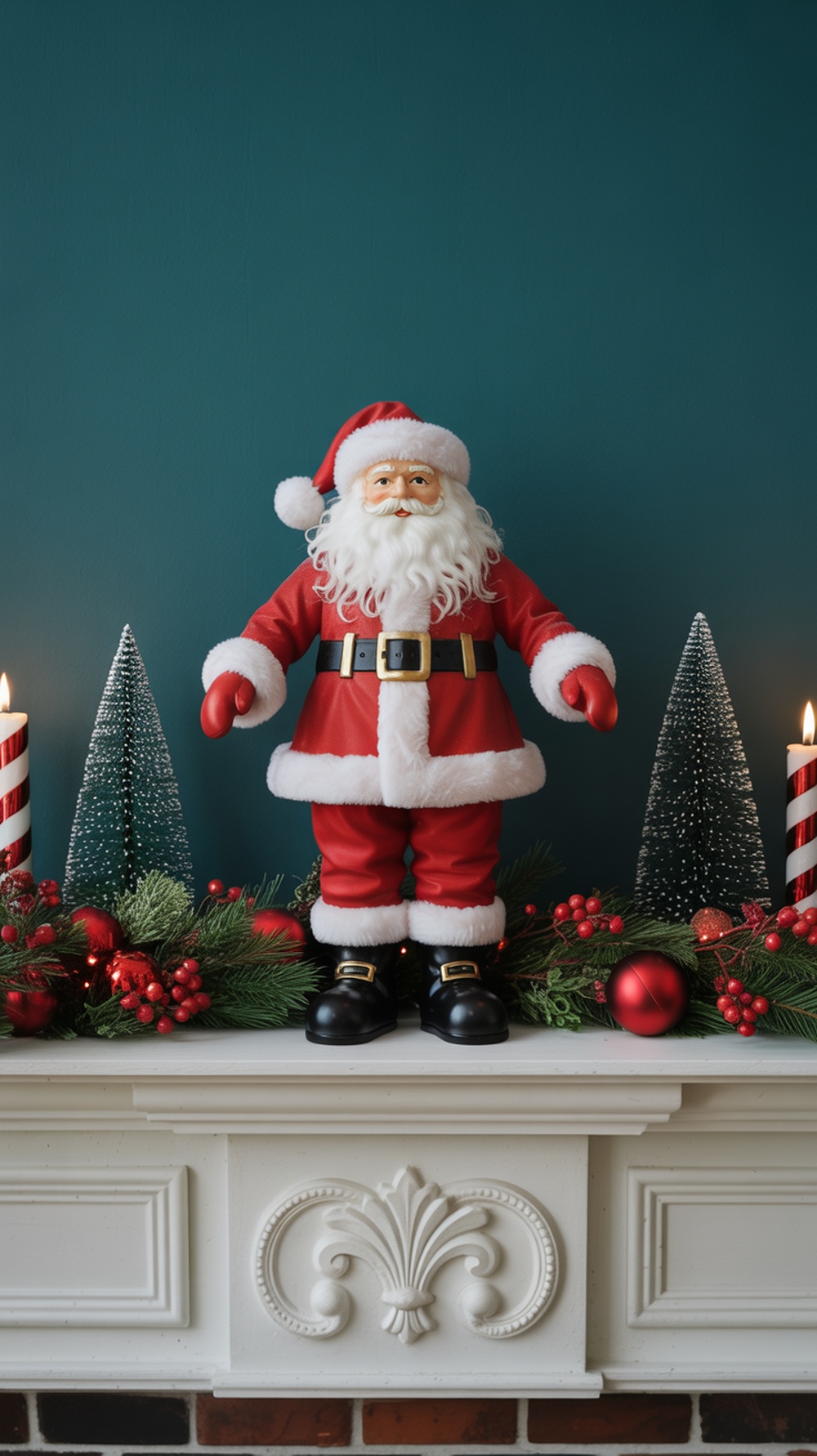 A traditional Santa figurine on a Christmas mantel surrounded by festive decorations.