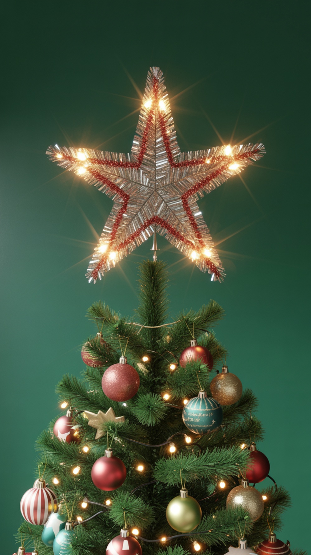 A Christmas tree topped with a traditional tinsel star, featuring shiny metallic elements and lights.
