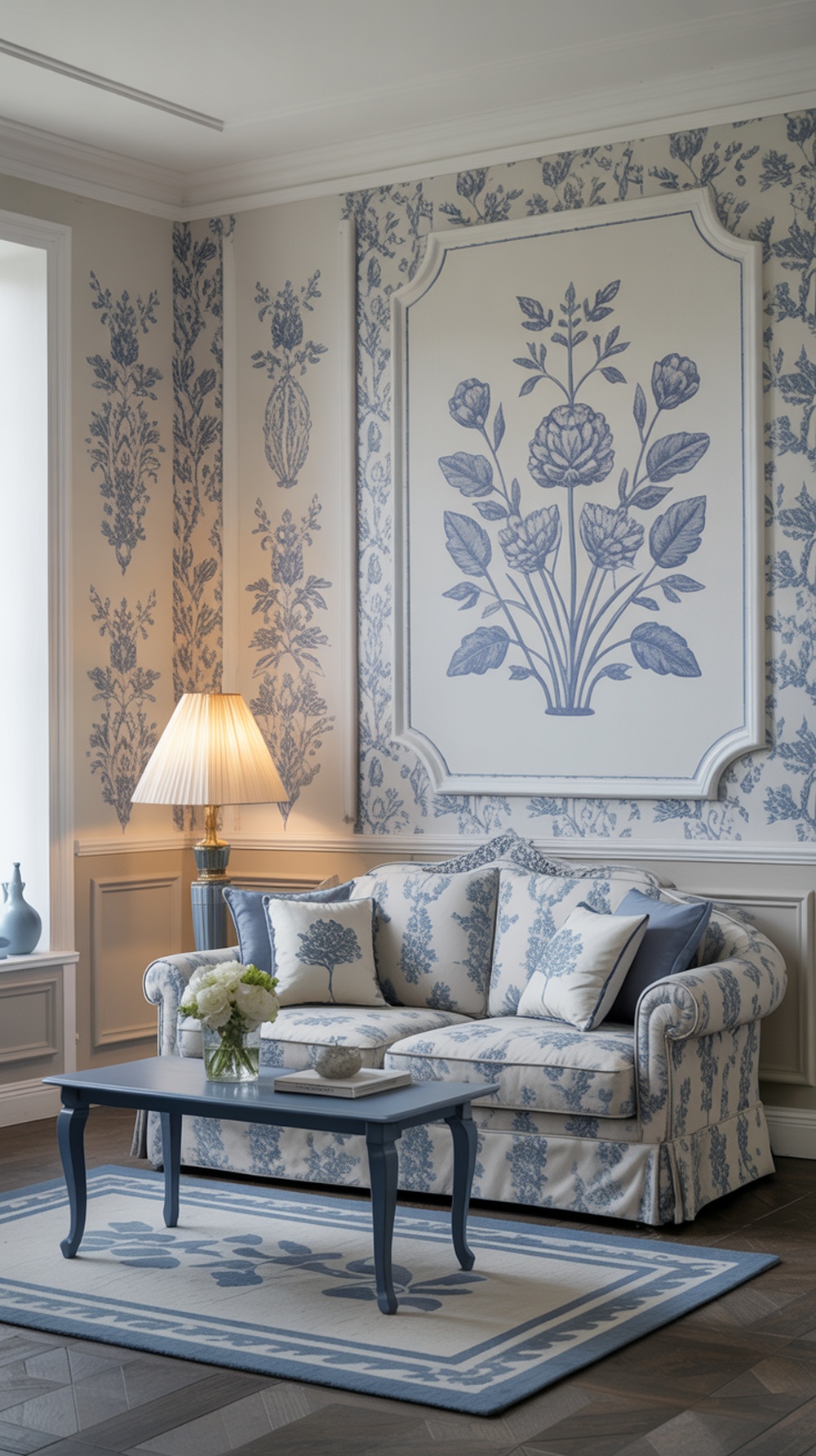 A blue and white living room with floral wallpaper, a patterned sofa, and a blue coffee table.