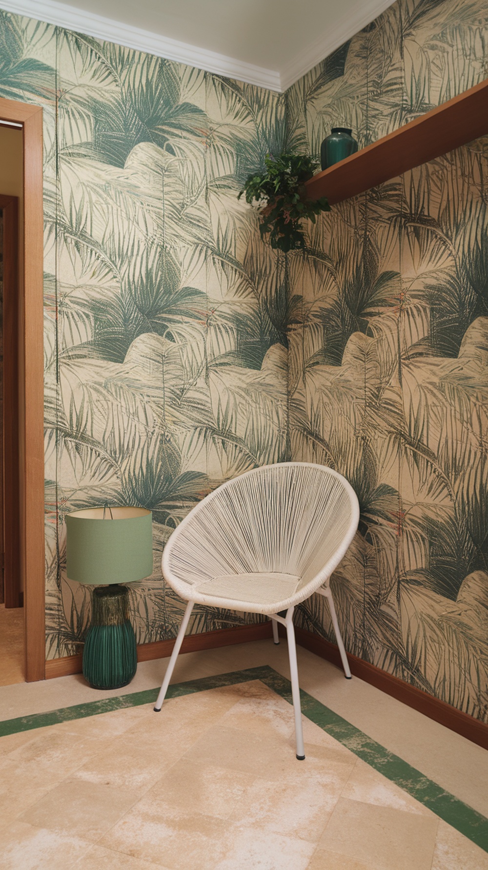 Entryway with tropical palm print wallpaper and a floor lamp