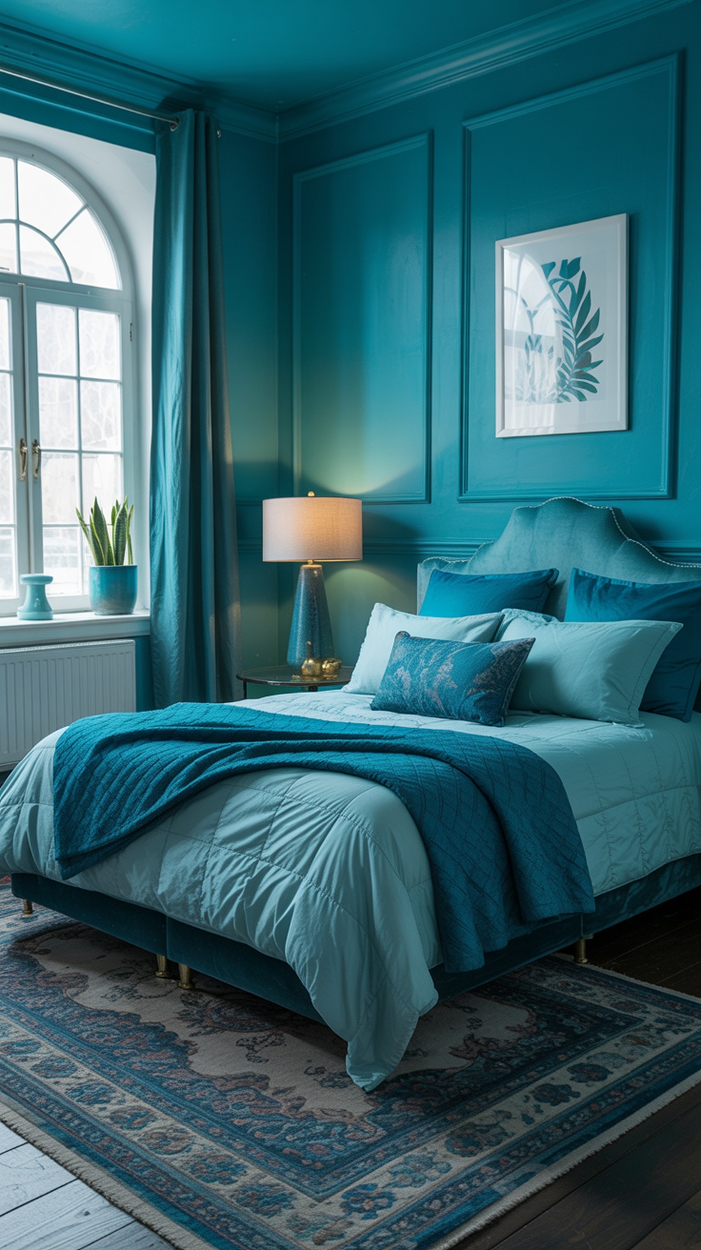 A beautifully designed bedroom featuring turquoise walls, teal bedding, and natural elements.