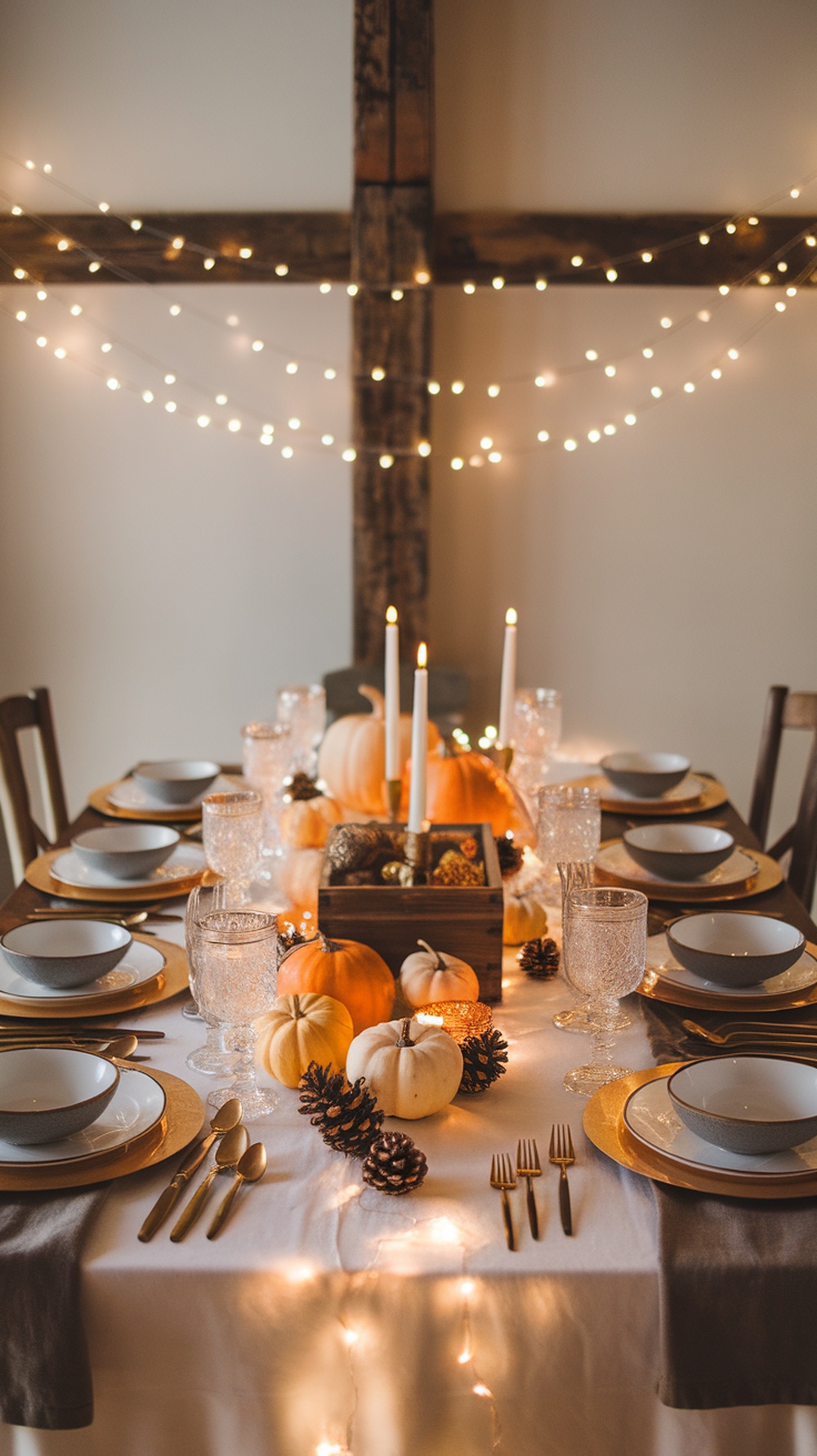 A beautifully decorated Thanksgiving table with twinkling fairy lights, pumpkins, and elegant tableware.
