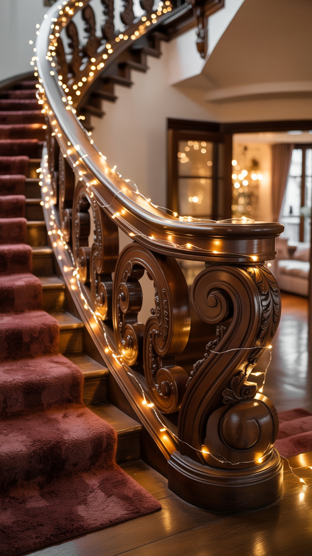 A staircase with twinkling fairy lights wrapped around the railing, creating a warm glow.