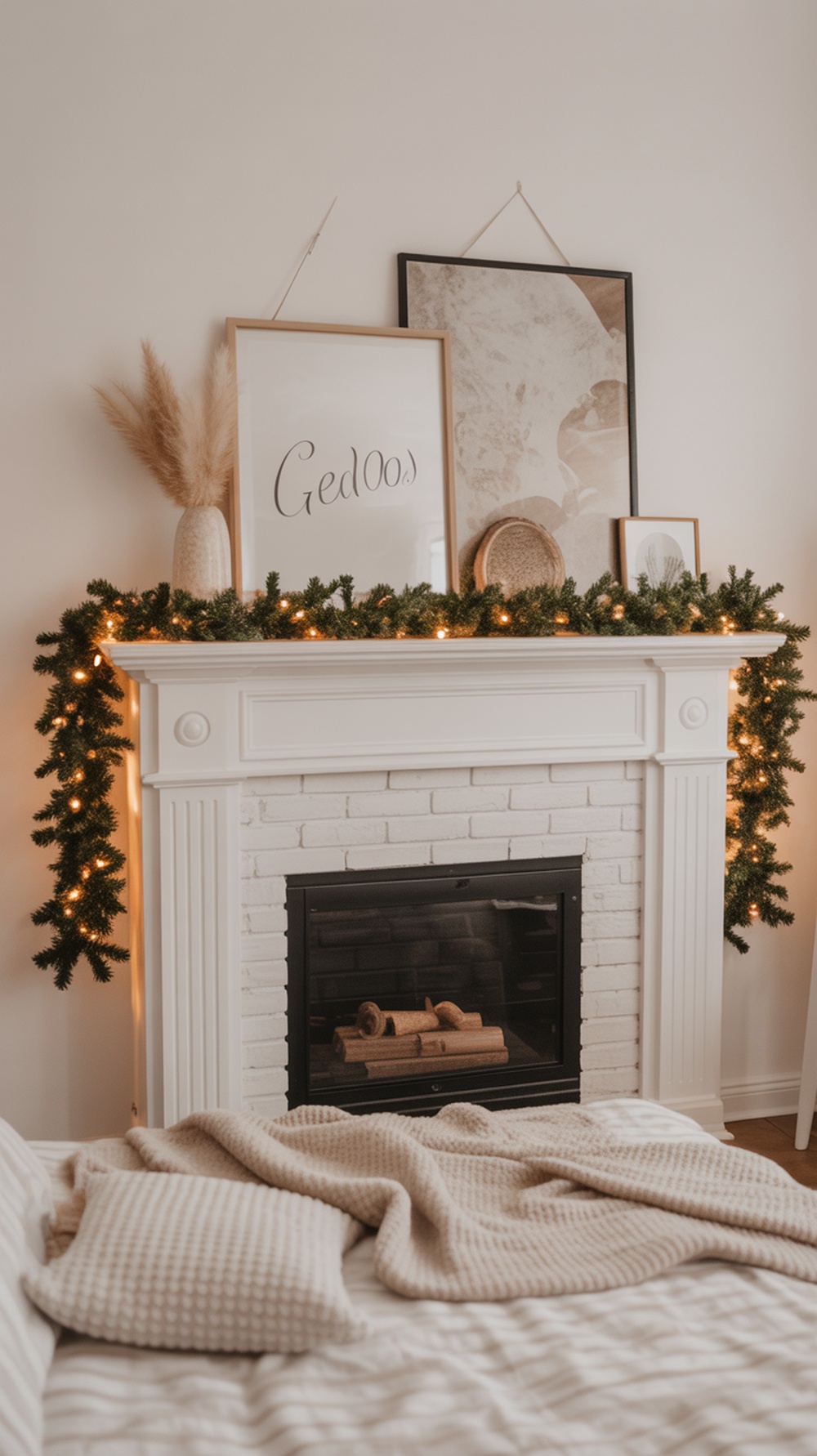 A cozy bedroom mantel decorated with twinkling garland and soft lights, featuring a fireplace and framed art.