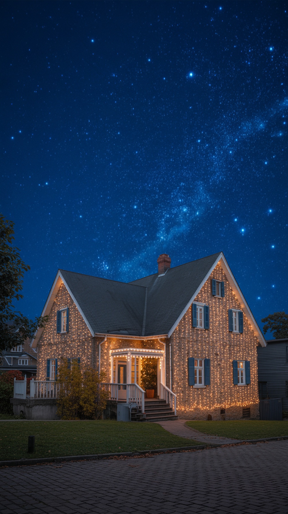 A house decorated with twinkling lights against a starry night sky