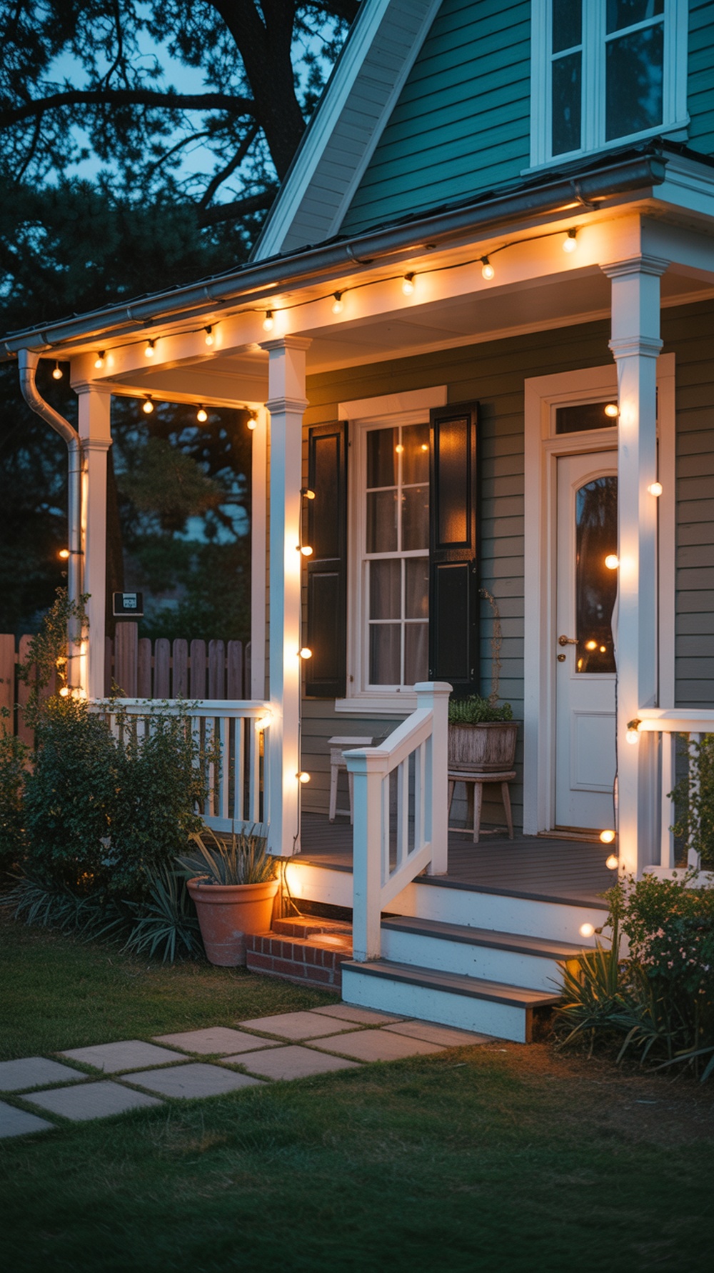 A cozy front porch decorated with twinkling string lights, creating a warm glow at dusk.