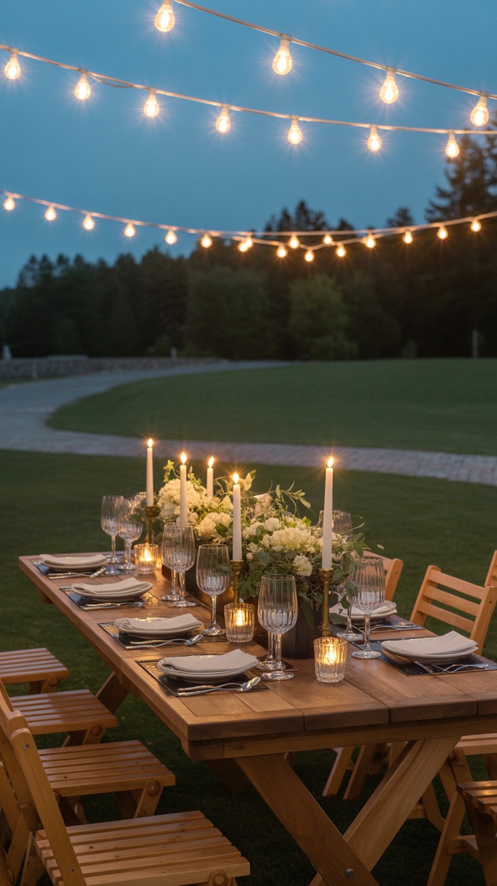 A rustic Thanksgiving table setting illuminated by twinkling string lights, featuring a wooden table, elegant glassware, and floral arrangements.