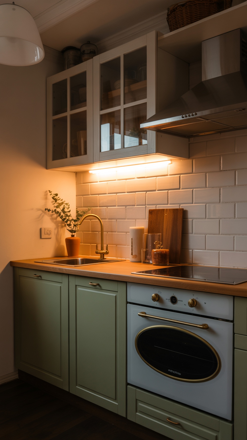 A small kitchen with under-cabinet lighting illuminating the countertop and sink area.