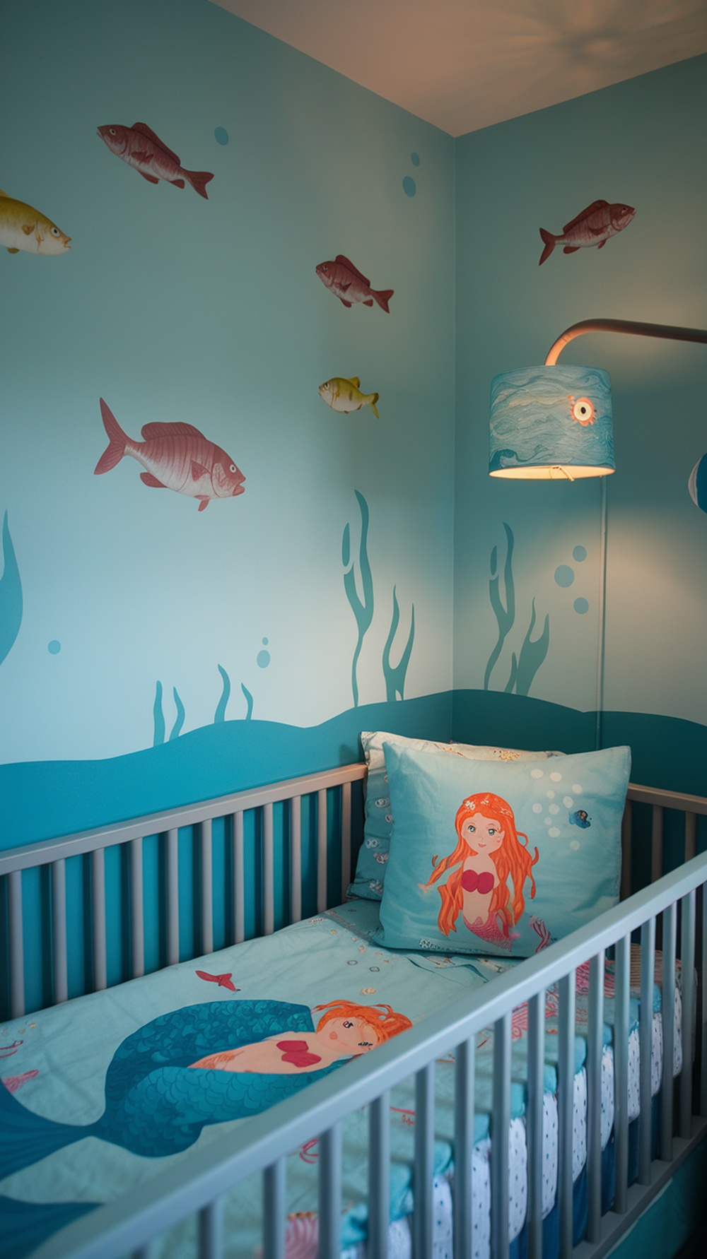 A cozy kids bedroom with ocean-themed decor, featuring a crib, mermaid bedding, and fish wall decals.