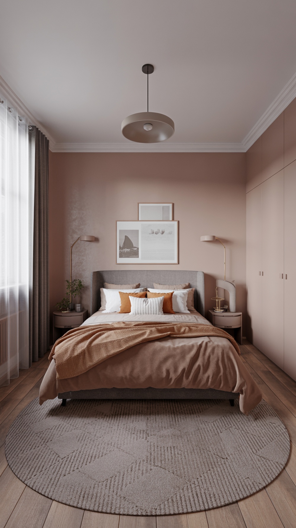 A small bedroom featuring a round area rug, a bed with decorative pillows, and soft lighting.
