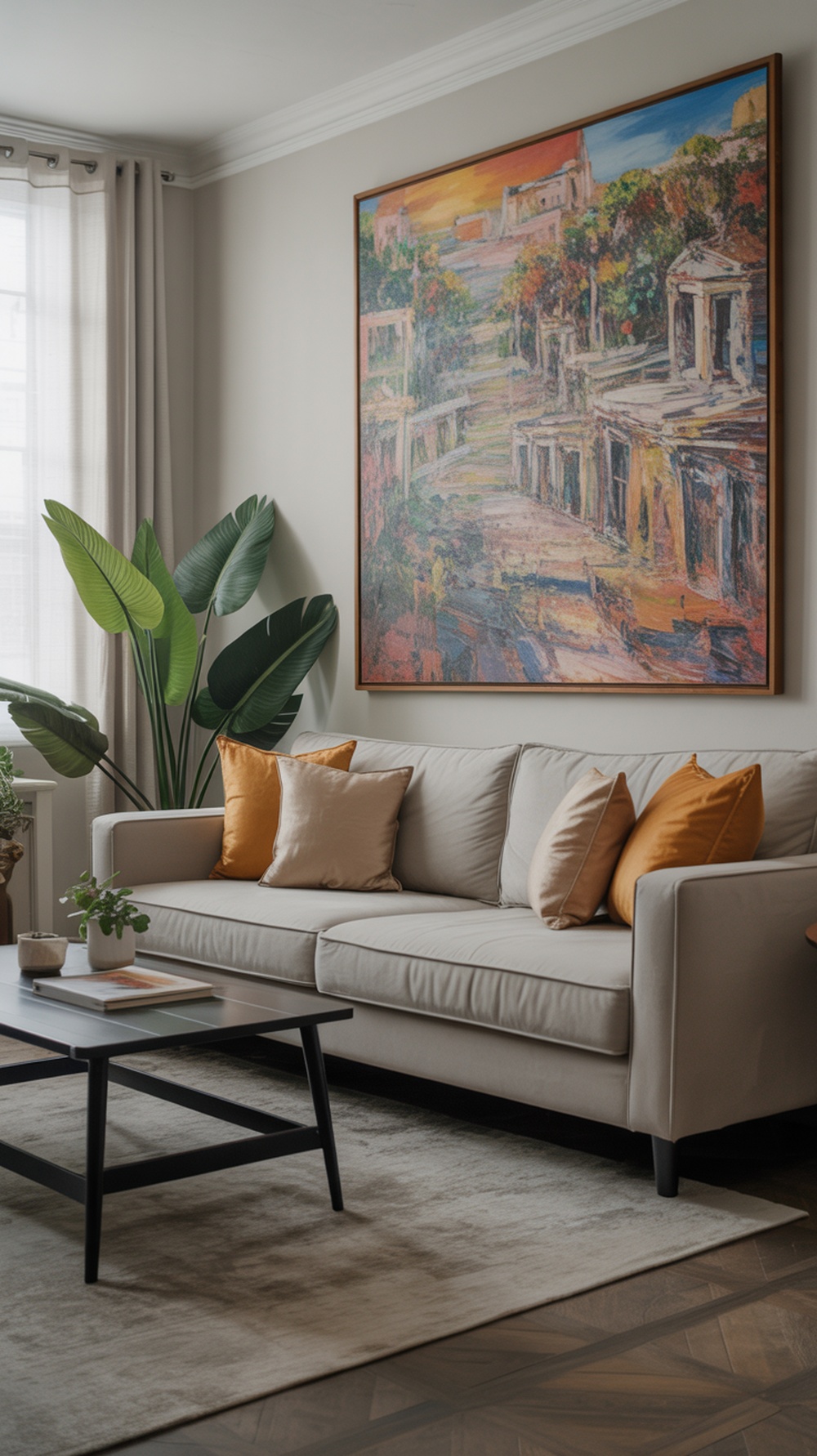 A cozy living room featuring a colorful artwork above a beige sofa with decorative pillows.