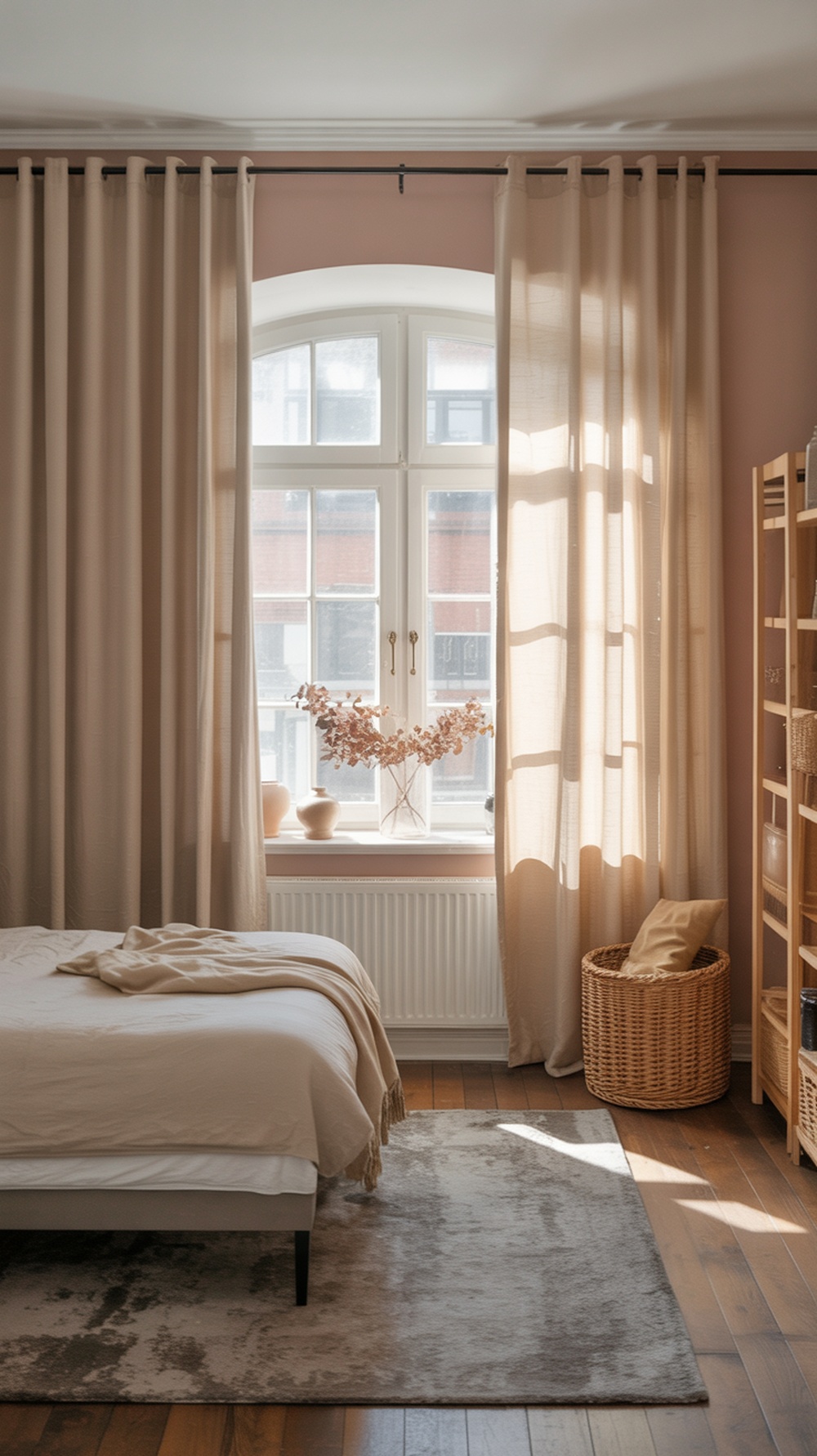 A cozy small bedroom with light curtains and a warm color palette.