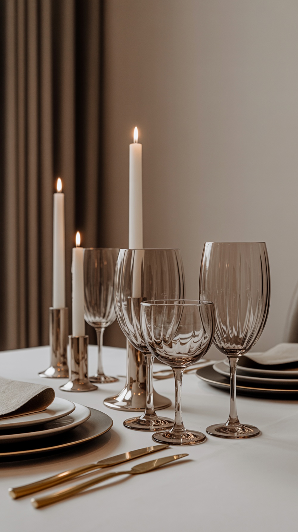 A neutral Thanksgiving table setting featuring elegant glassware and candles.