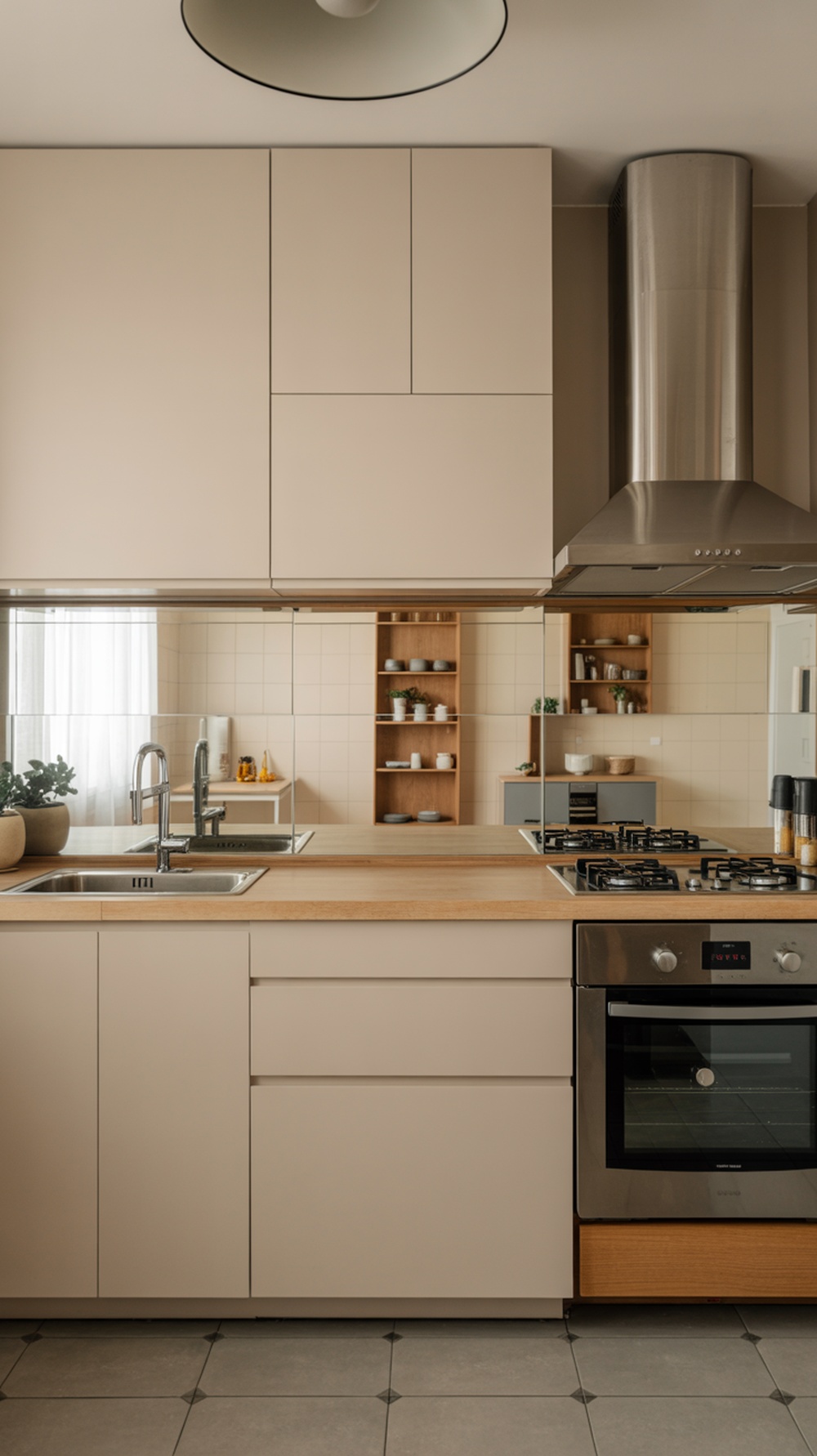 A modern kitchen with a mirrored backsplash reflecting light and creating an illusion of space.