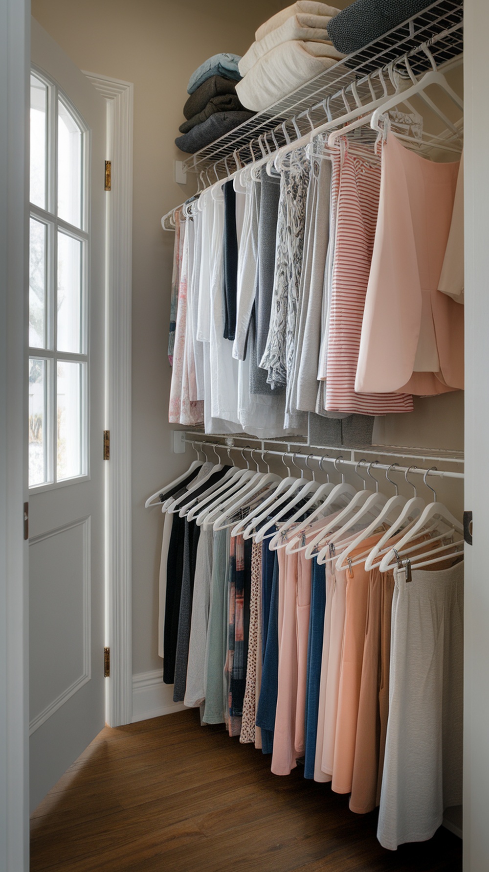 A small walk-in closet featuring neatly organized clothes on multi-tiered hangers and folded items on a shelf.