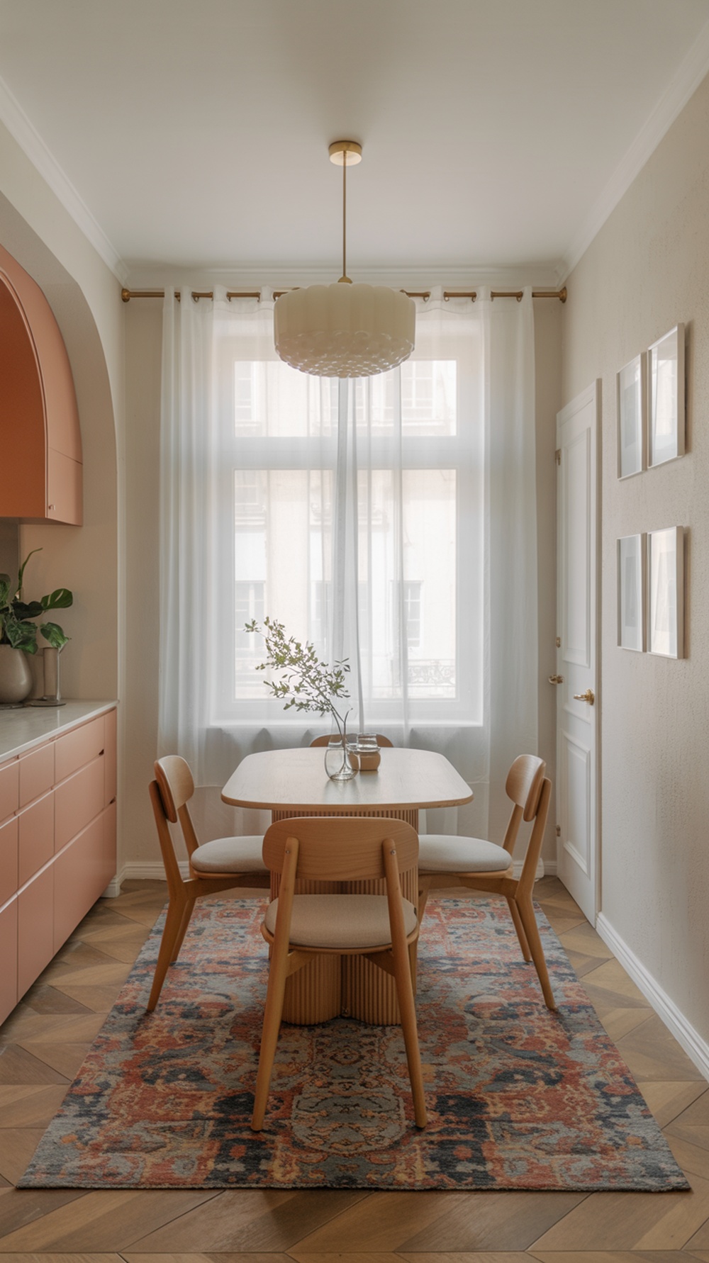 A small dining room with a wooden table and chairs on a colorful rug, featuring a large window with sheer curtains.