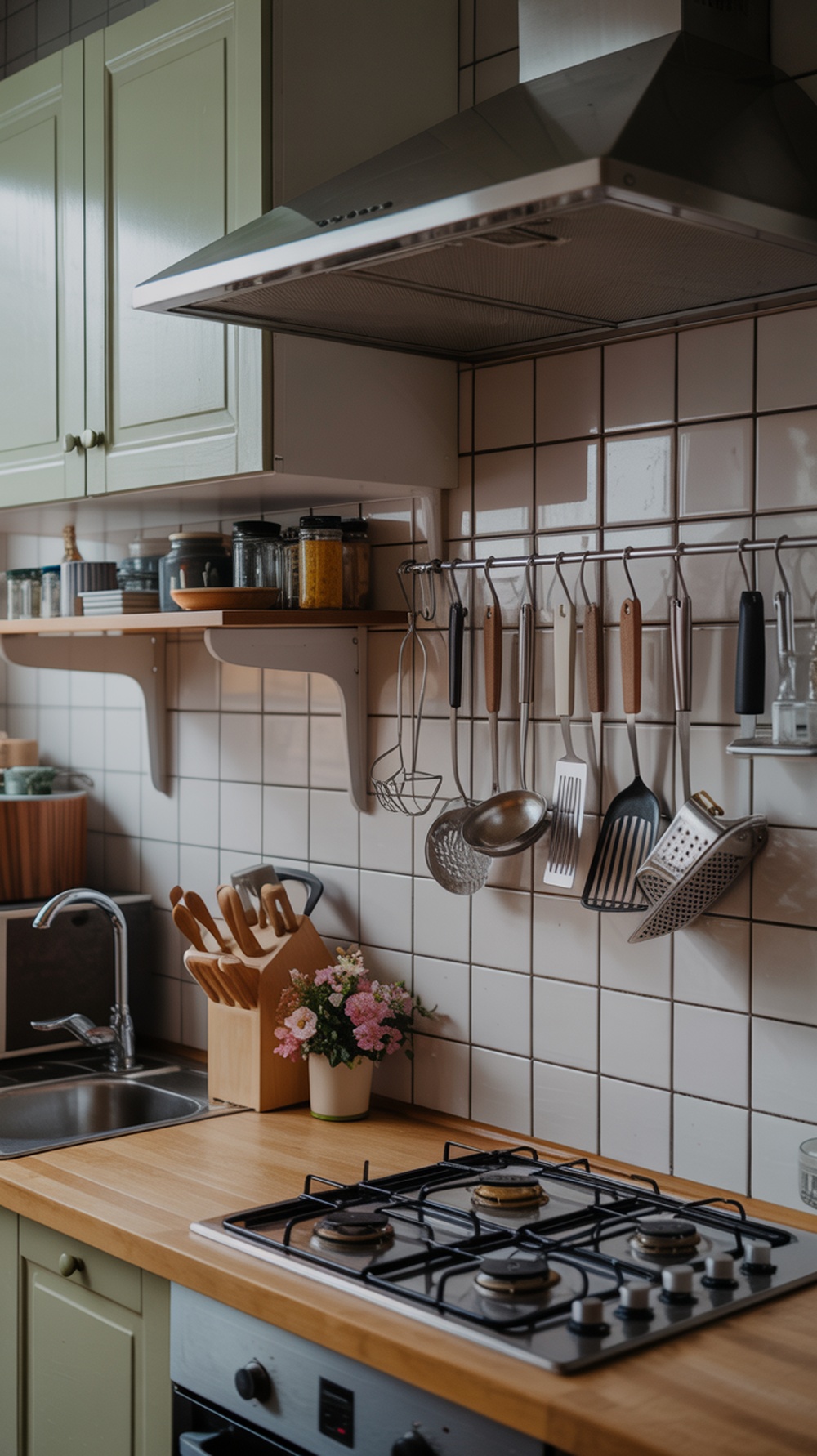 A small kitchen with utensils hanging on the wall and jars on shelves.