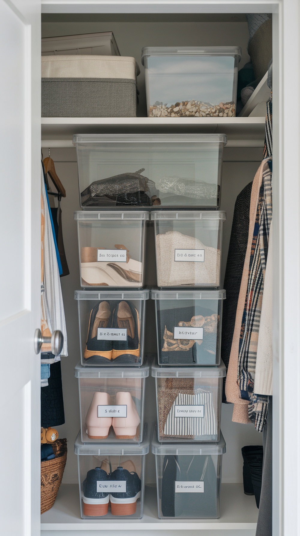 Organized small walk-in closet with clear storage bins labeled for easy identification.