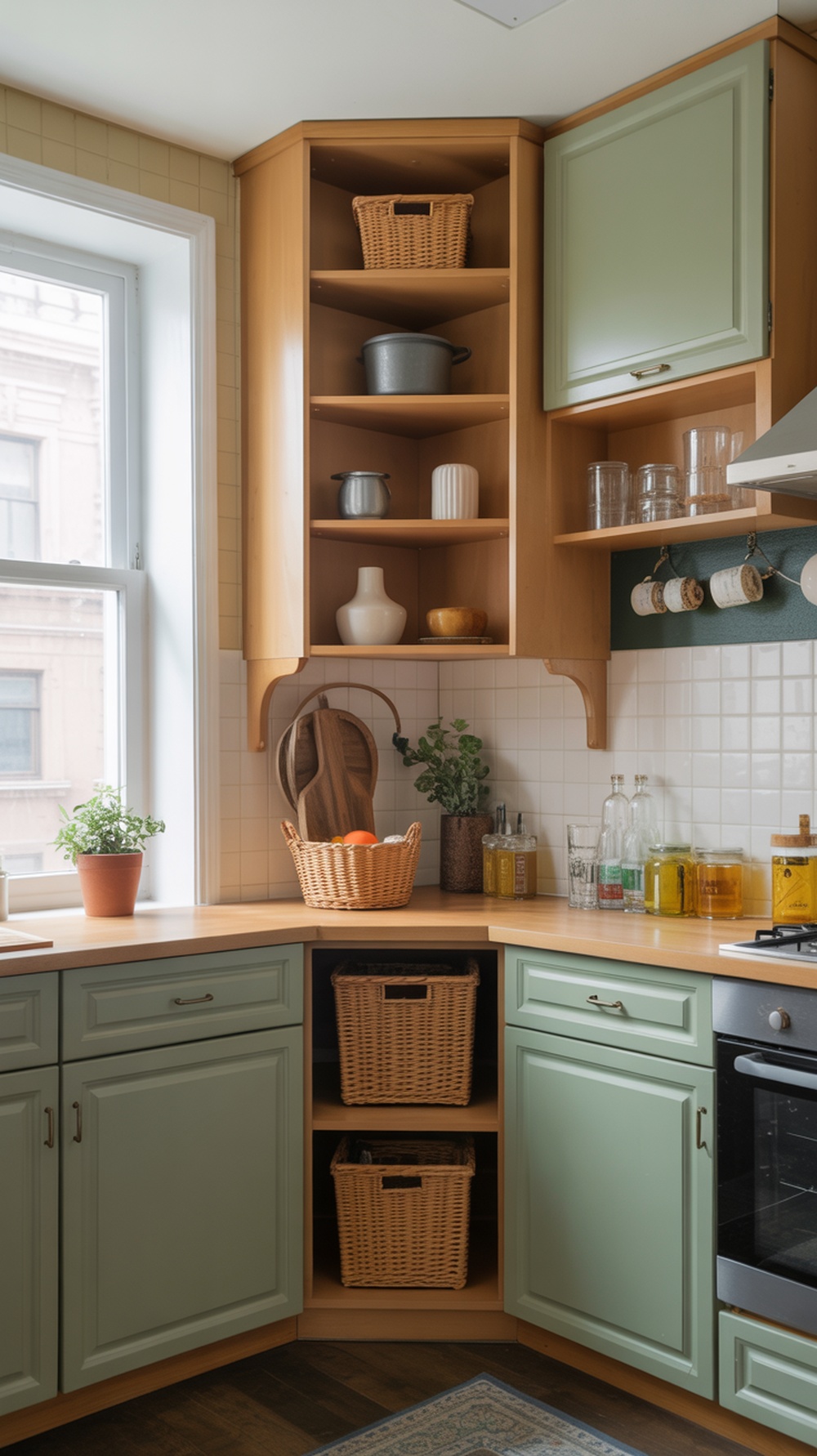 A corner kitchen cabinet with open shelves and closed storage, featuring baskets and decorative items.