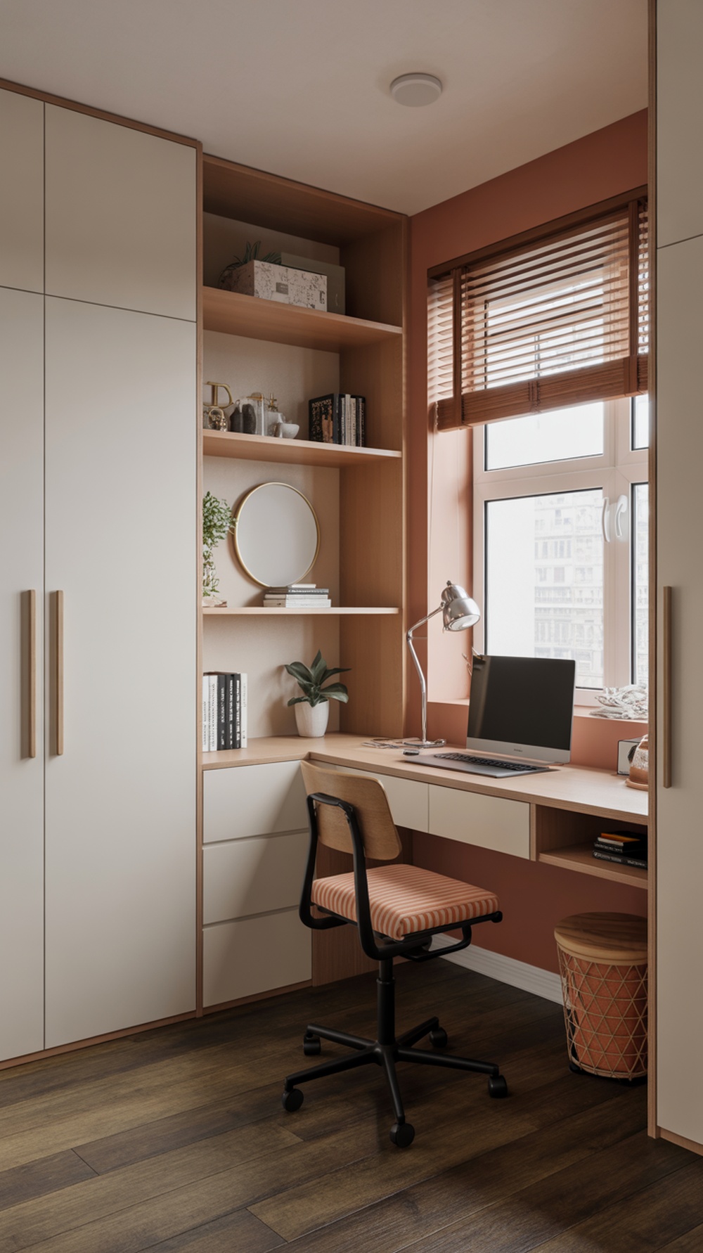 A small bedroom corner with a desk, shelves, and a window.