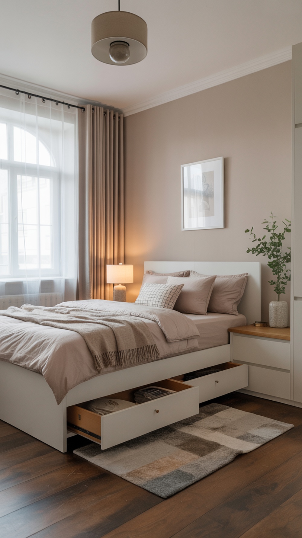 A cozy small bedroom featuring a bed with under-bed storage drawers.