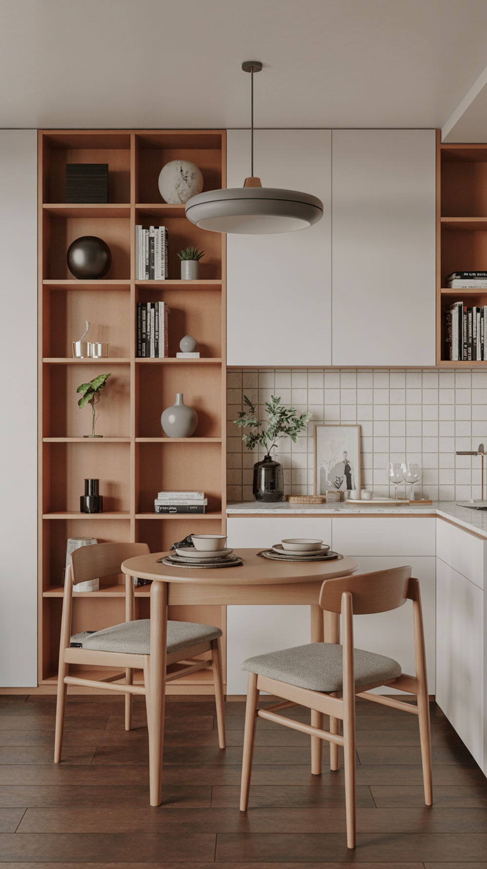 A small dining room with a round table and a tall shelving unit filled with books and decorative items.