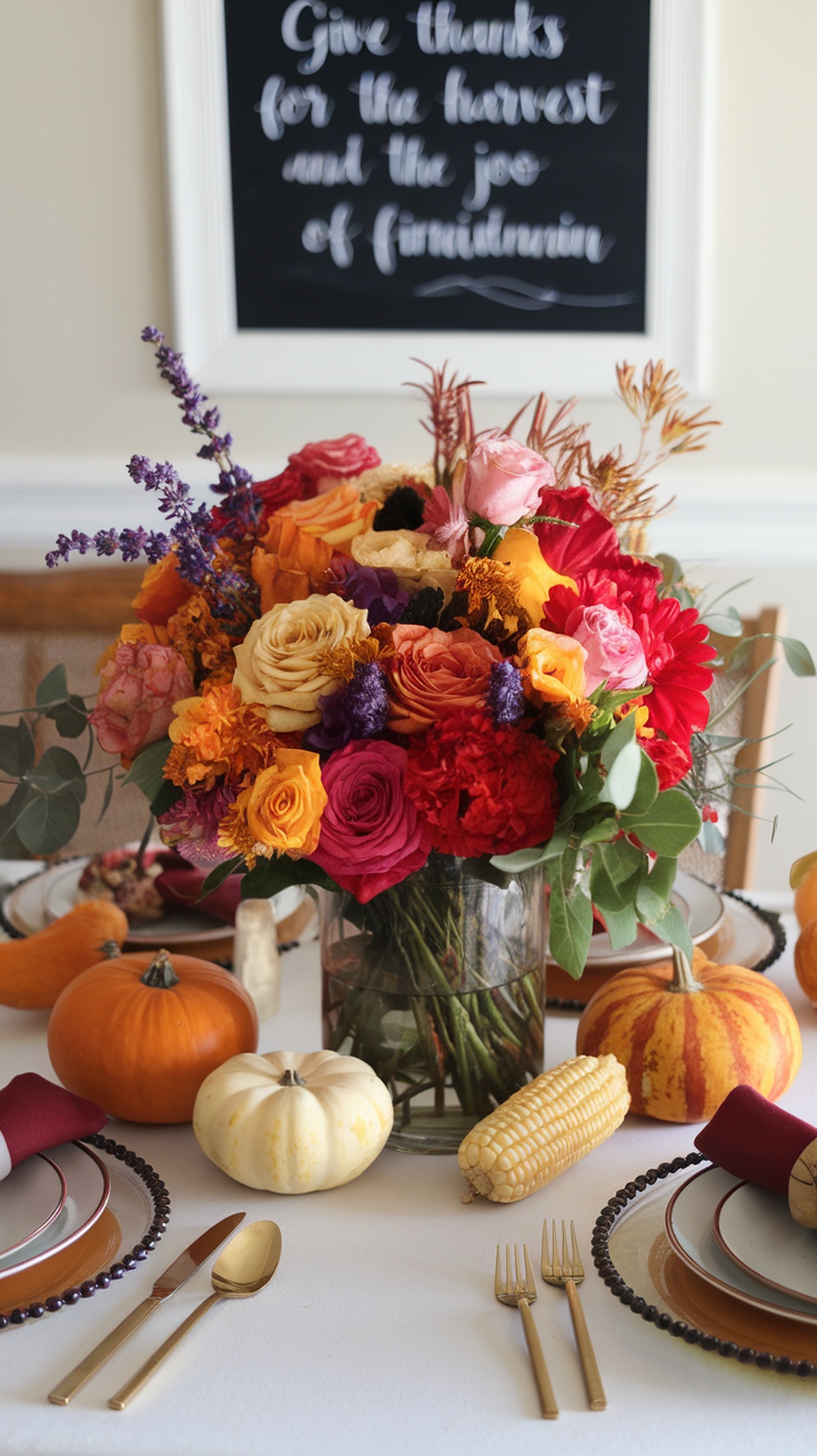 A vibrant mixed flower centerpiece with roses, daisies, and lavender, surrounded by pumpkins and corn on a Thanksgiving table.