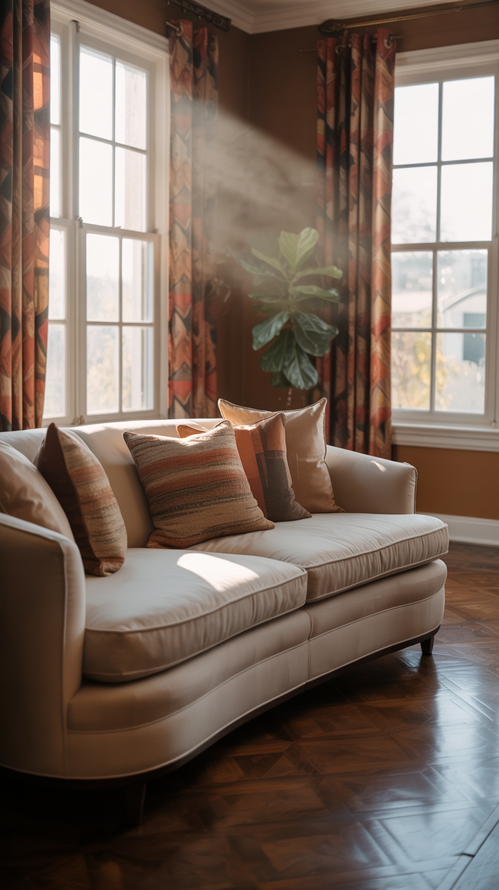 A cozy living room with colorful window treatments and a comfortable sofa.