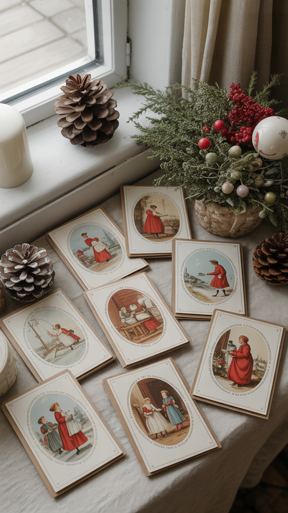 A collection of vintage Victorian Christmas cards displayed on a table with pinecones and greenery.