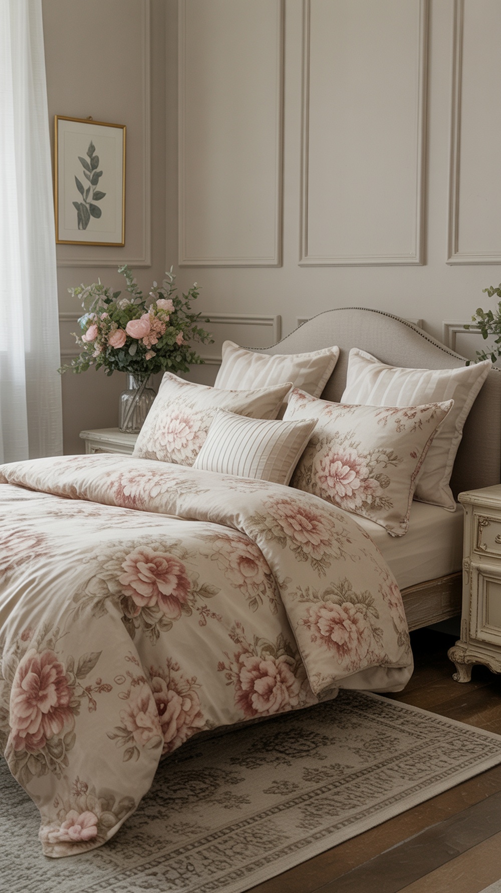A vintage-inspired bedroom with floral bedding and soft colors.