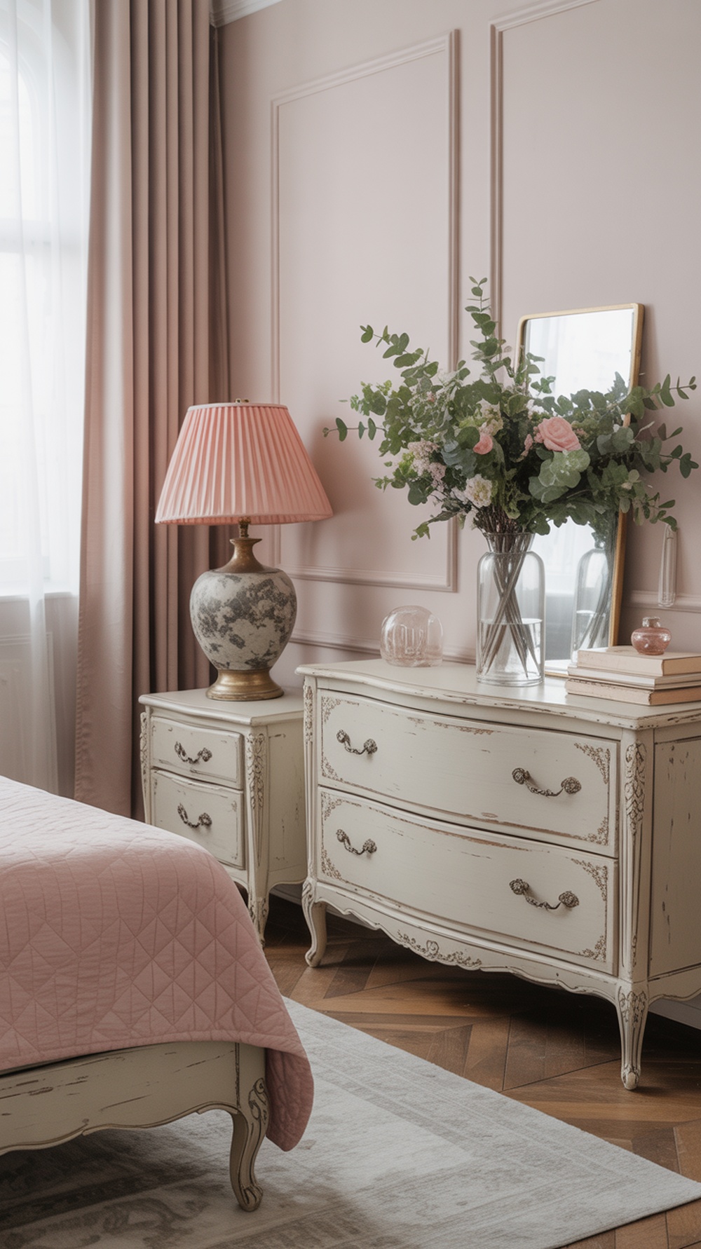 A feminine bedroom featuring vintage-inspired furniture, soft pink colors, and elegant decor.