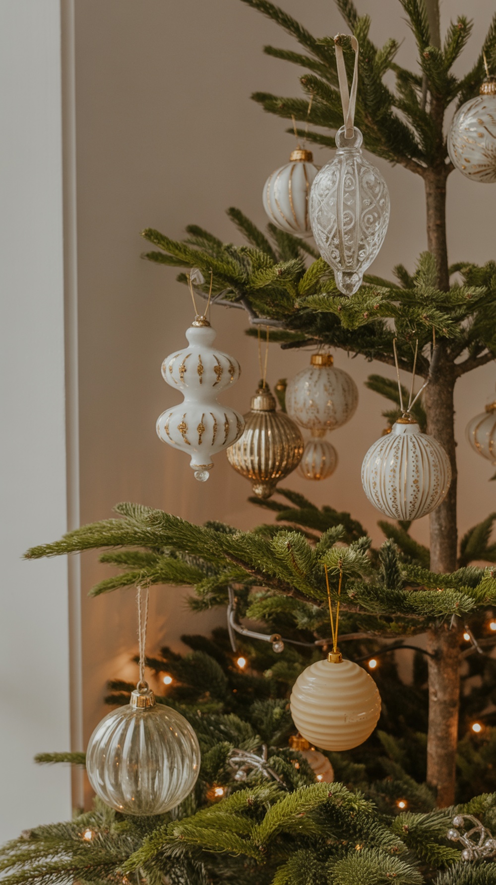 A Christmas tree adorned with vintage-inspired glass ornaments in various shapes and colors.