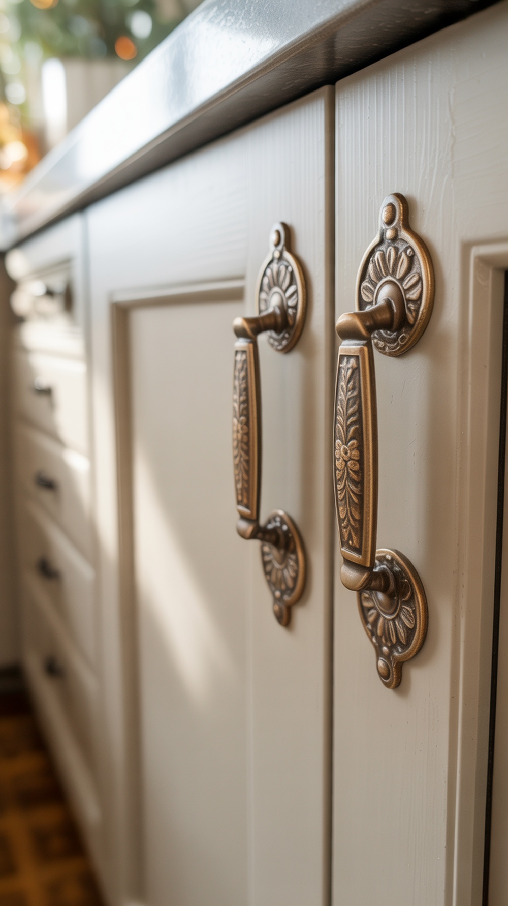 Close-up of vintage-inspired cabinet handles on a modern farmhouse kitchen cabinet.