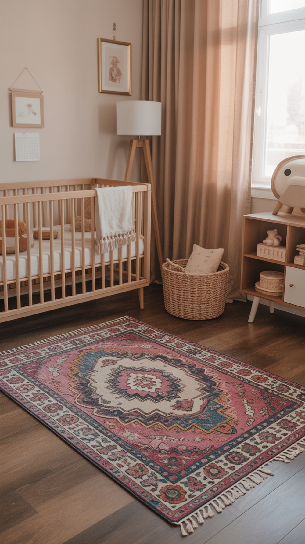 A vintage-inspired rug with intricate patterns in a boho gender neutral nursery setting.