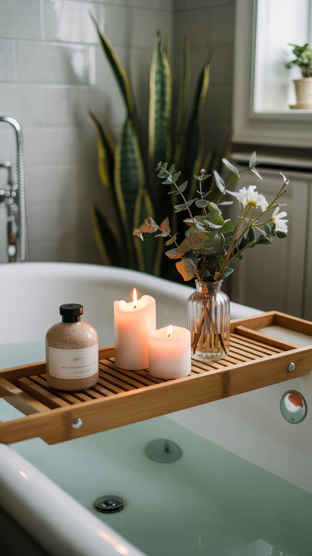 A vintage bathtub tray with candles and a vase of flowers, set against a serene bathroom backdrop.