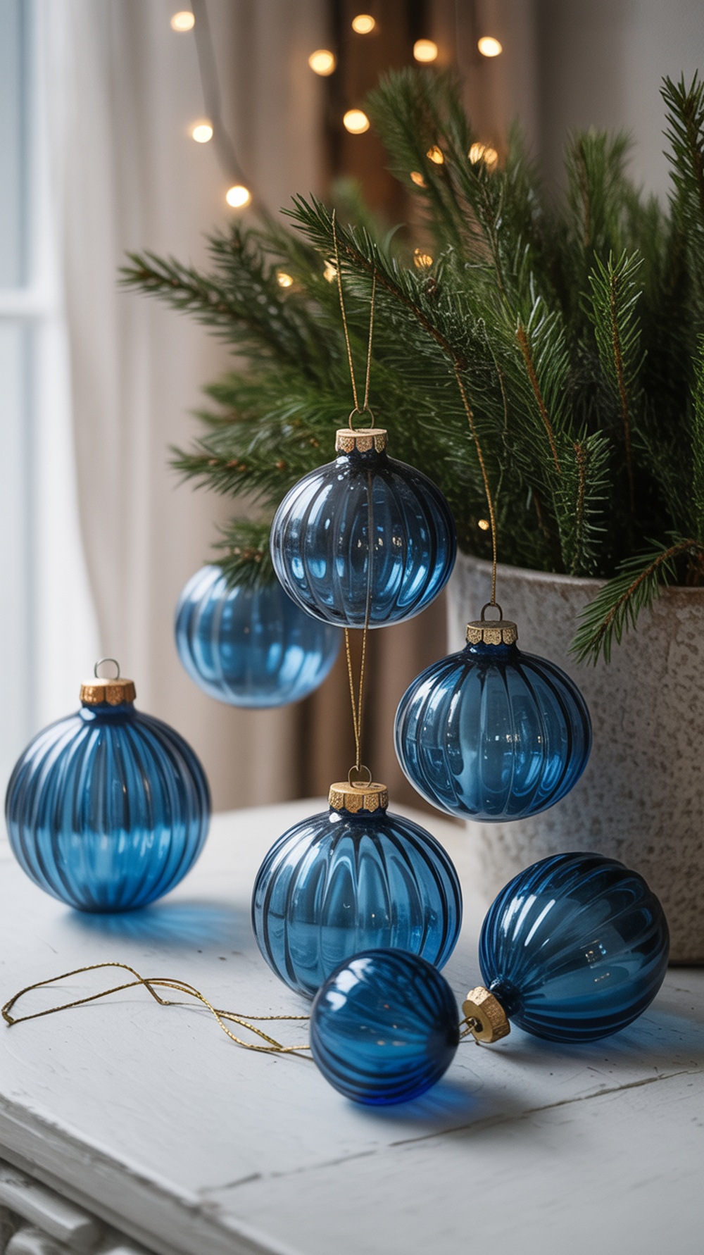 A collection of vintage blue ornaments displayed with a green pine arrangement.