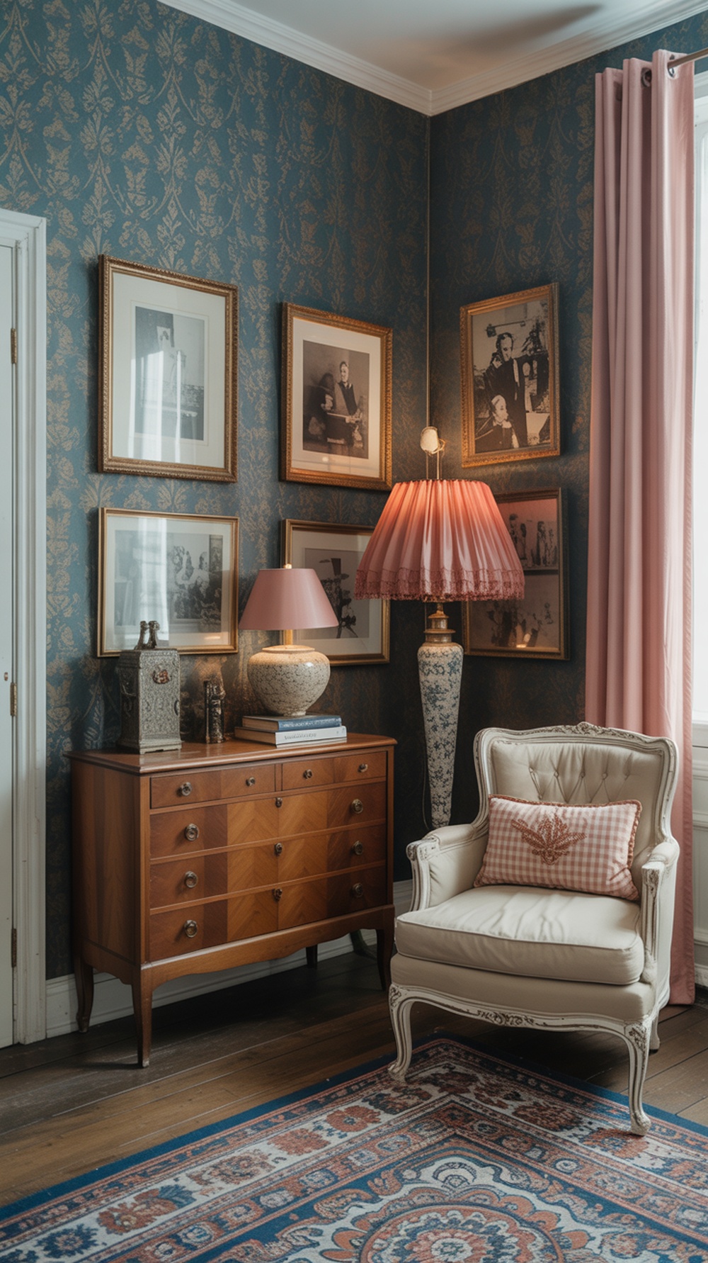 A vintage-inspired living room corner featuring blue patterned wallpaper, a wooden chest of drawers, a cream armchair, and framed photographs.