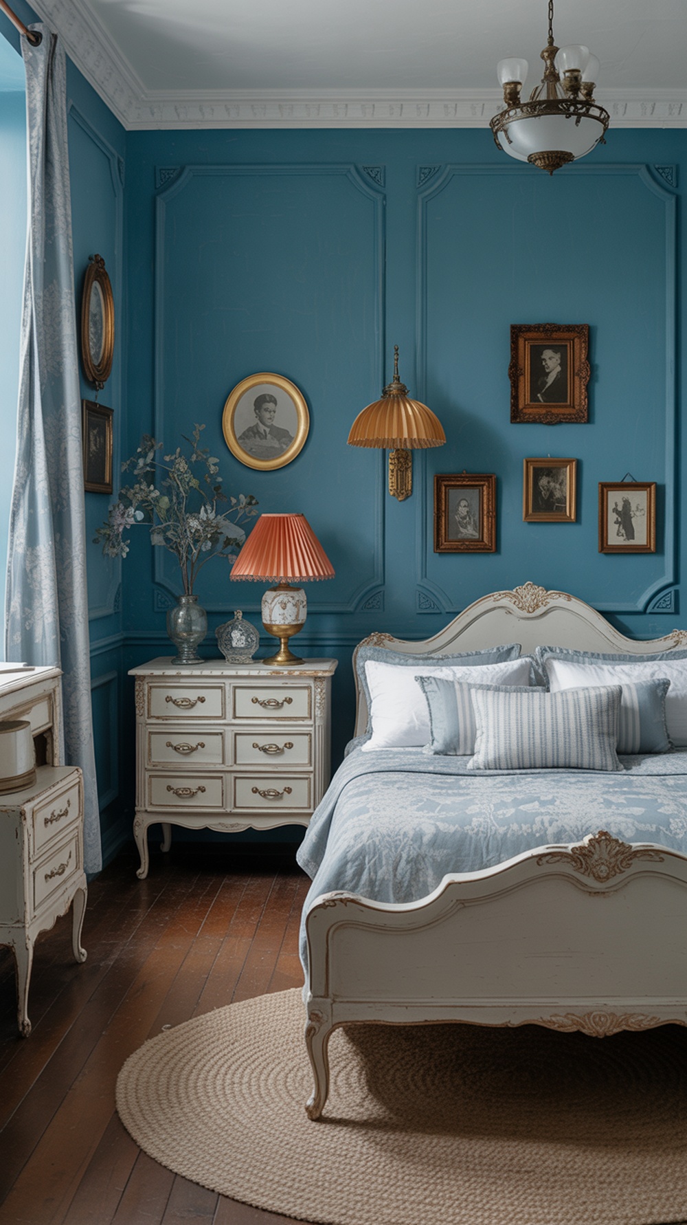 A vintage blue bedroom featuring antique decor, including a carved bed, bedside table, and framed portraits on the walls.