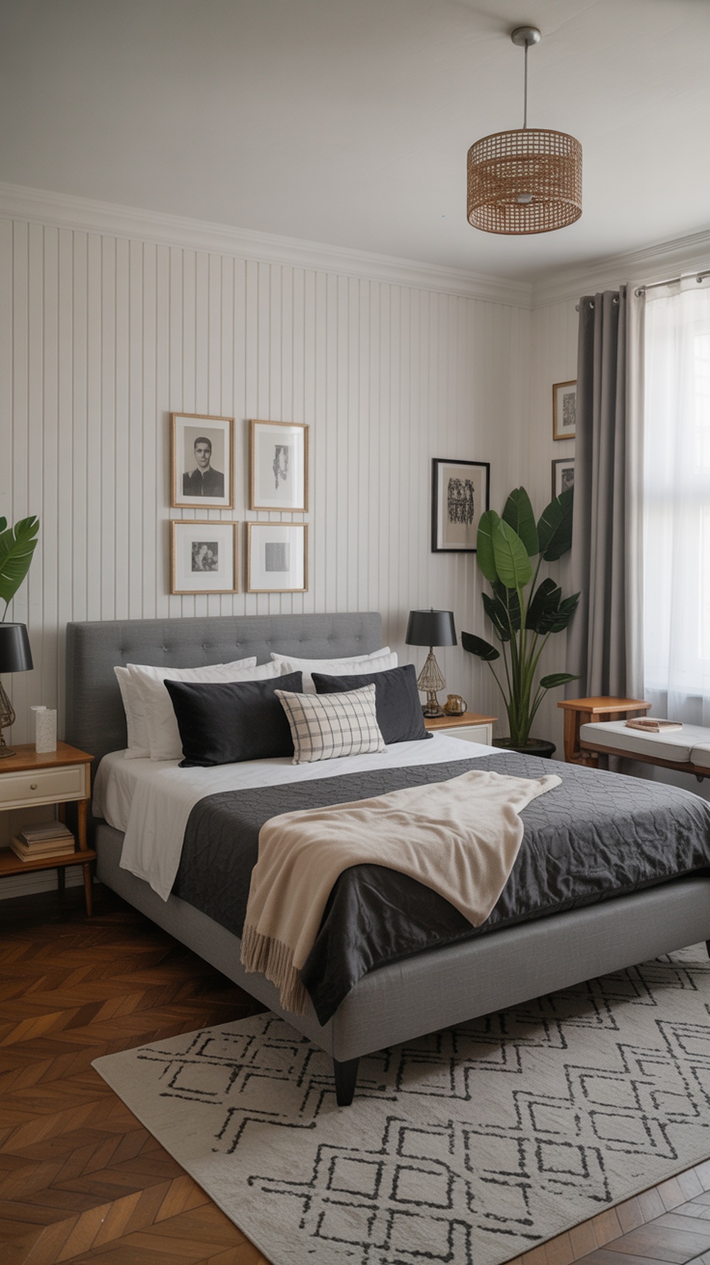 A cozy bedroom featuring black and white accents with vintage charm, including framed photos, plants, and stylish bedding.