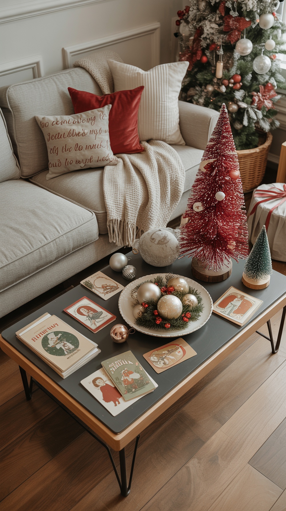 A cozy coffee table decorated for Christmas with vintage ornaments, postcards, and a small tree.