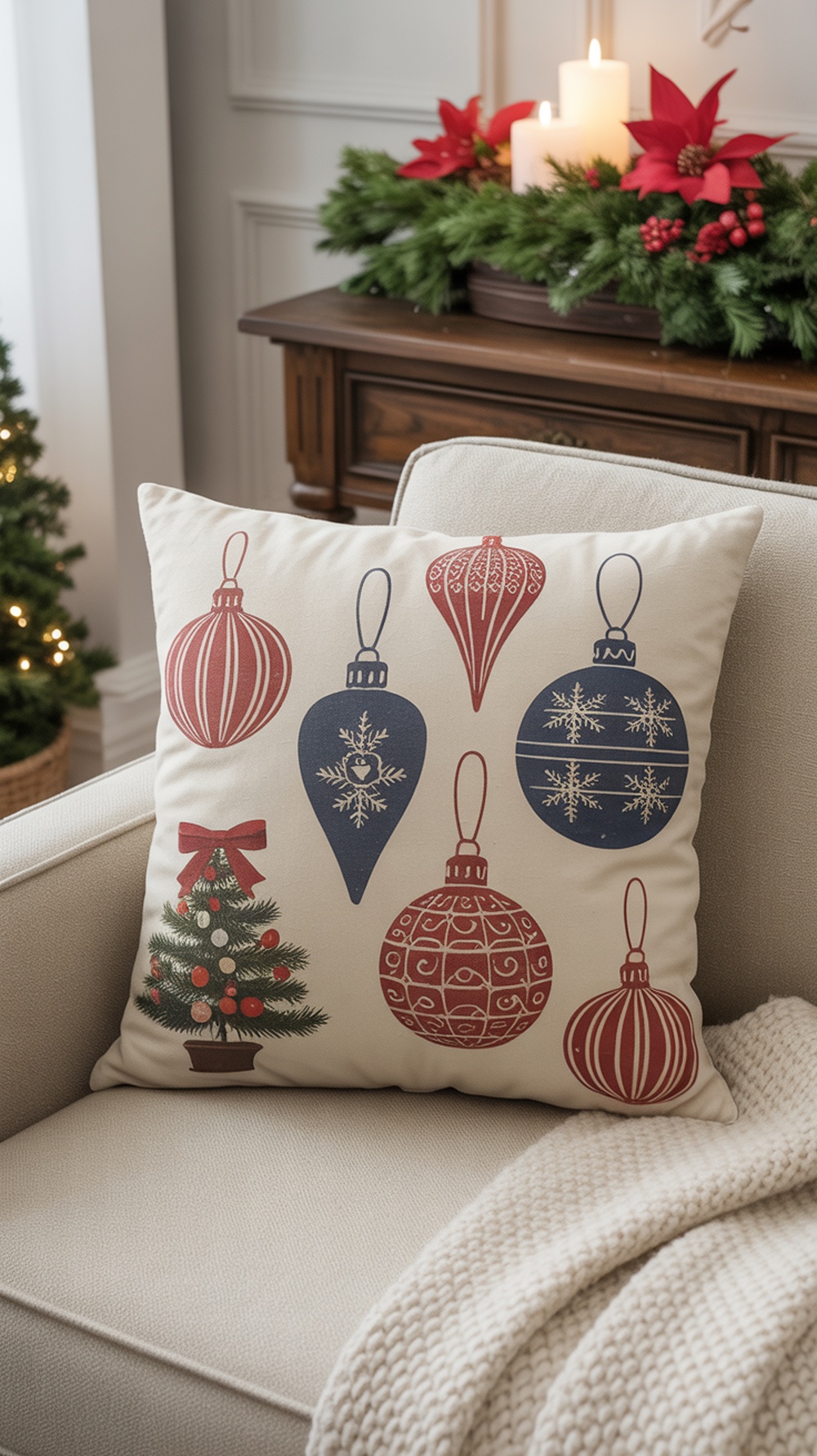 A throw pillow featuring vintage Christmas ornaments in red and blue colors, placed on a cozy sofa with holiday decorations in the background.