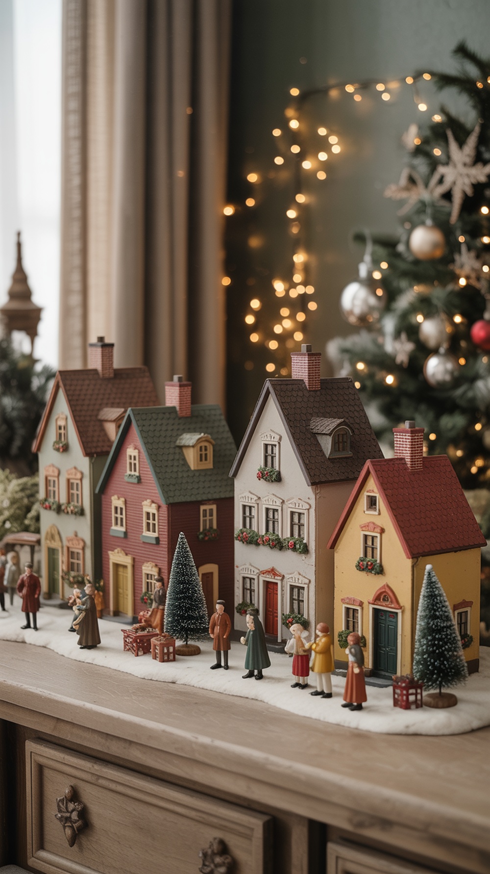 A vintage Christmas village display featuring colorful houses and cheerful figures, set against a backdrop of twinkling lights.