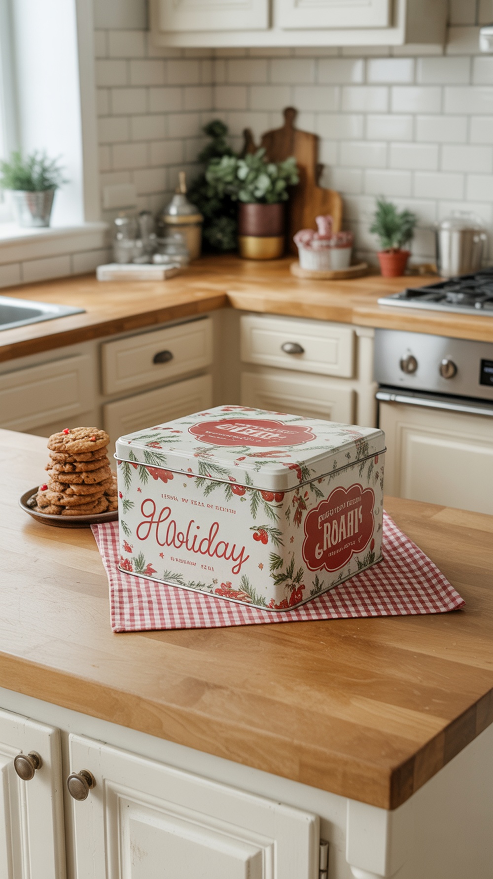 A vintage cookie tin with holiday designs displayed on a kitchen island, surrounded by a plate of cookies and a checkered cloth.