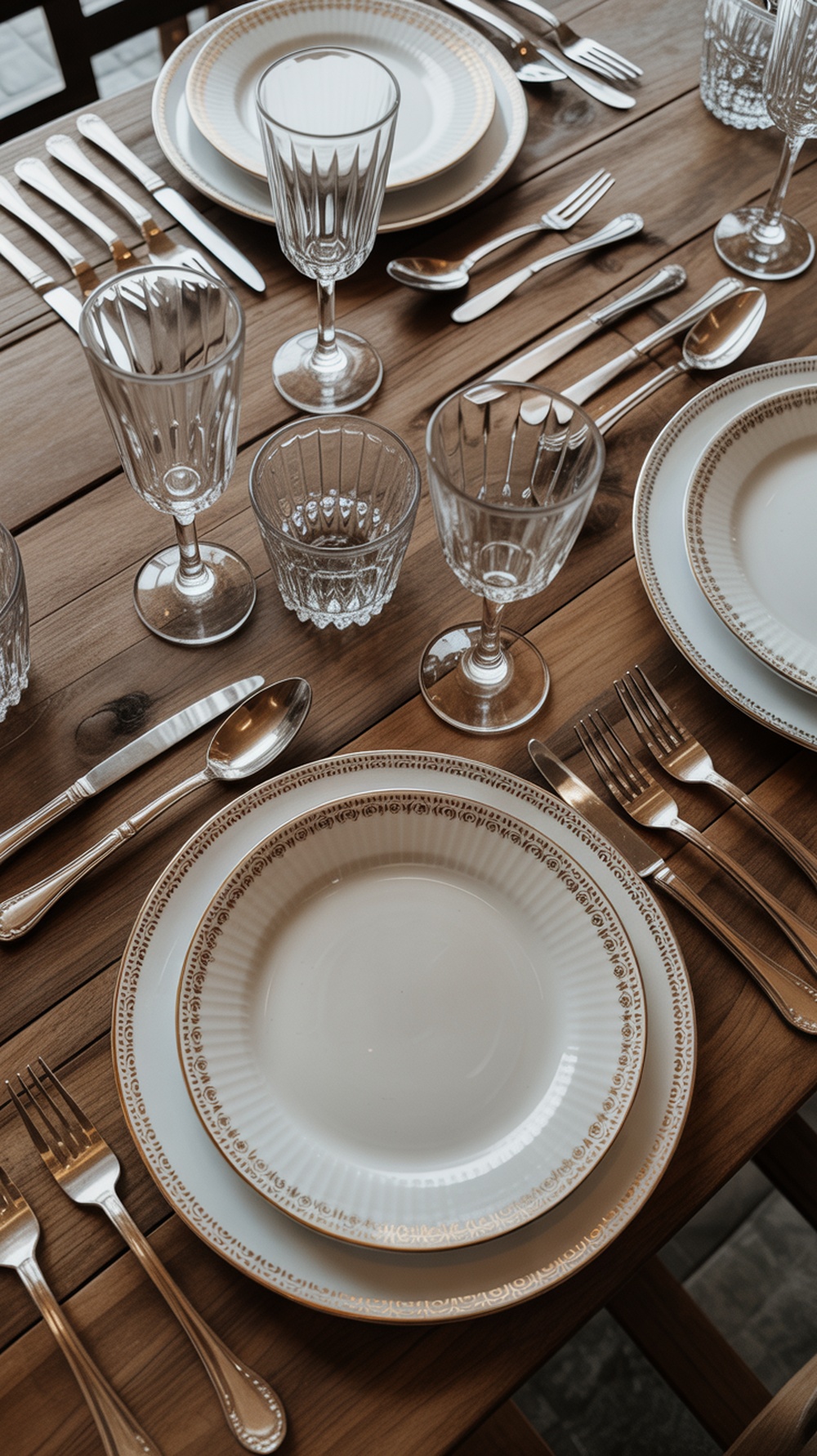 A rustic Thanksgiving table setting featuring vintage dinnerware, including plates with gold trim, various glassware, and shiny silver cutlery.