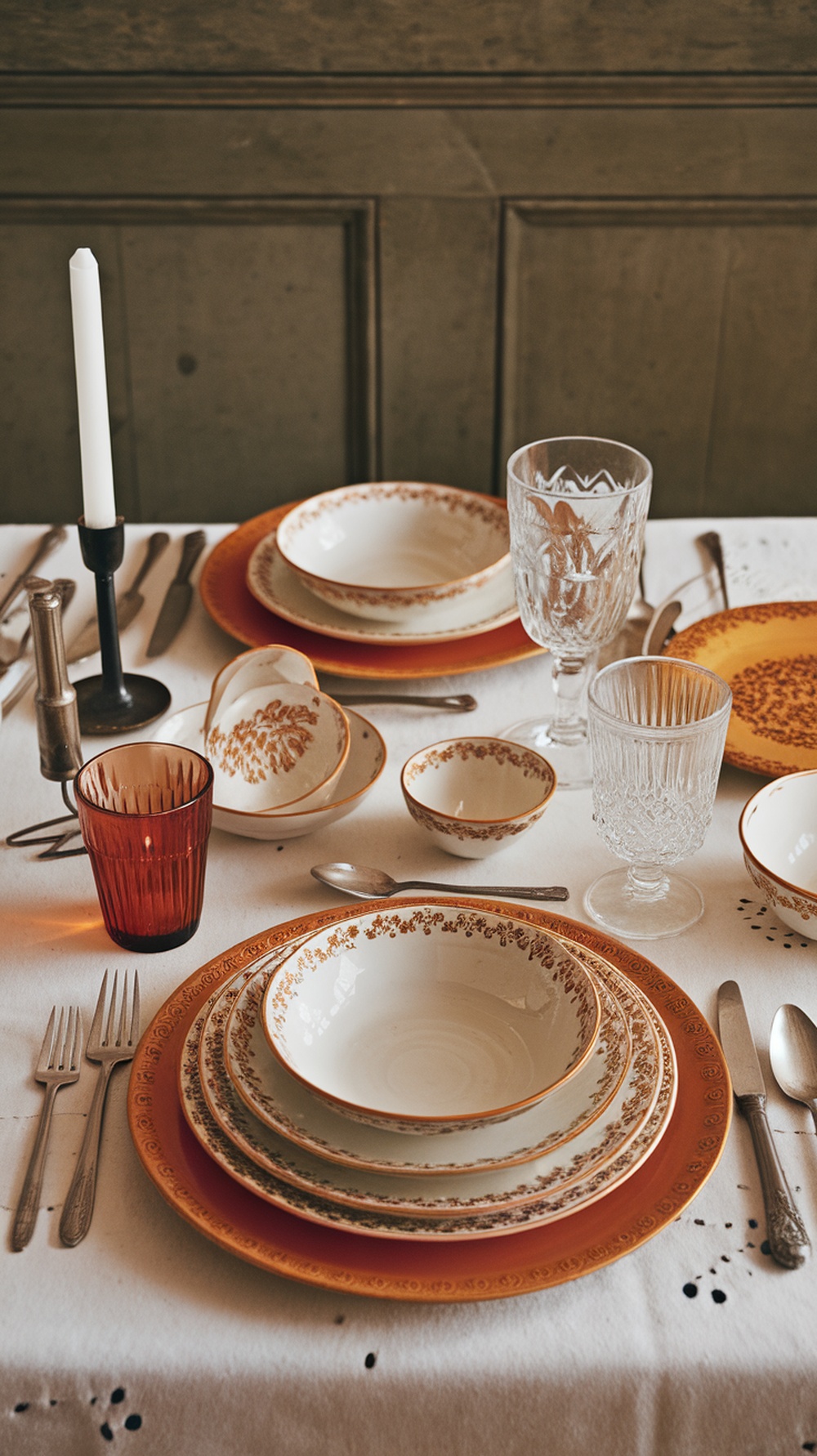 A vintage dishware collection set on a table, featuring plates, bowls, and glasses with intricate designs.