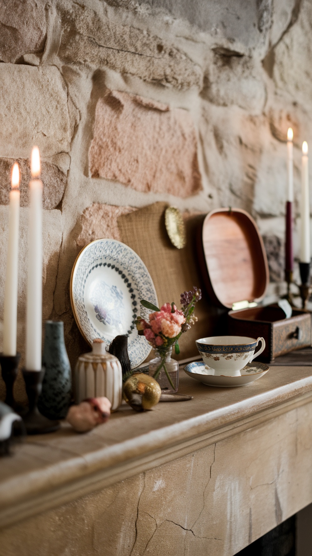 A beautifully arranged mantel with vintage decor including candles, antique plates, and a delicate china cup.