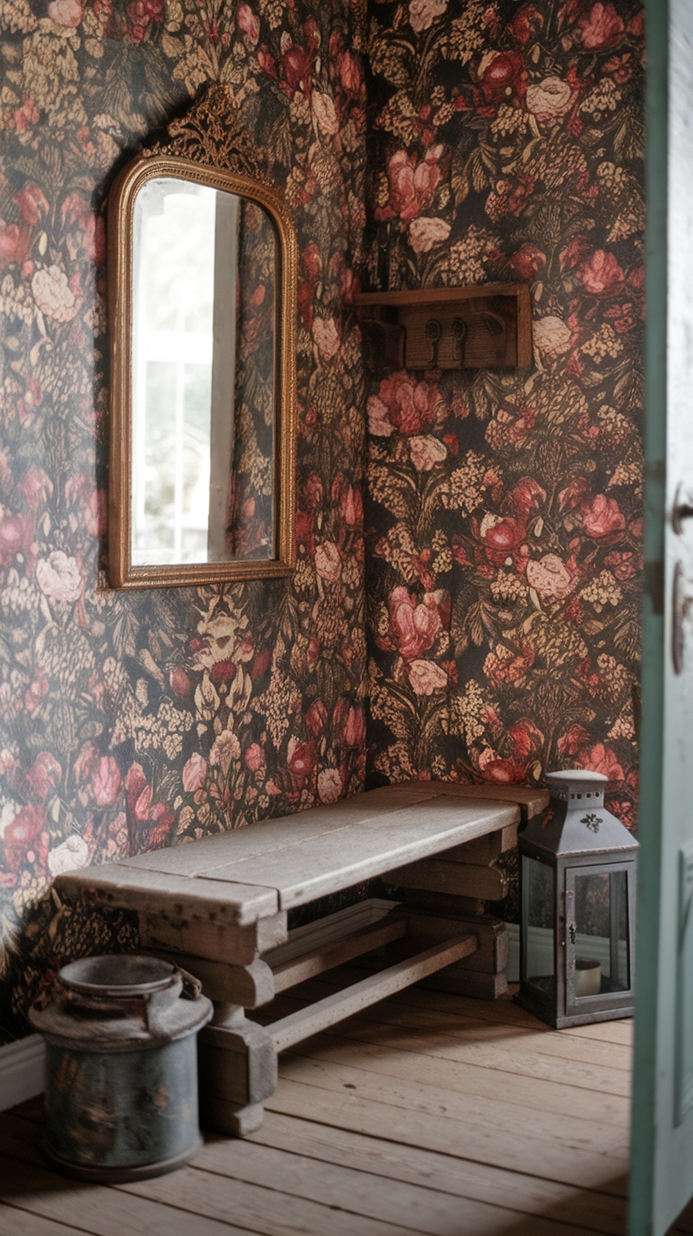 Cozy entryway with vintage floral wallpaper, a rustic bench, and a mirror.