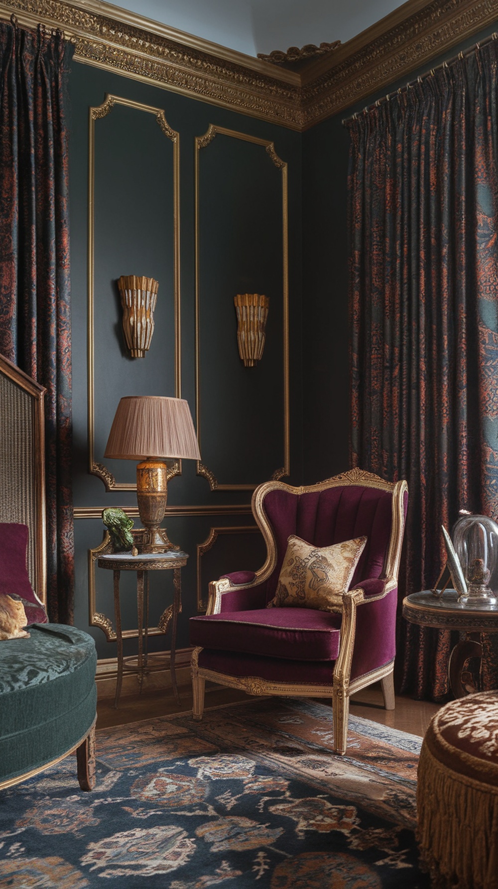 A vintage glamour living room featuring dark green walls, a purple velvet armchair, elegant lighting, and a patterned rug.