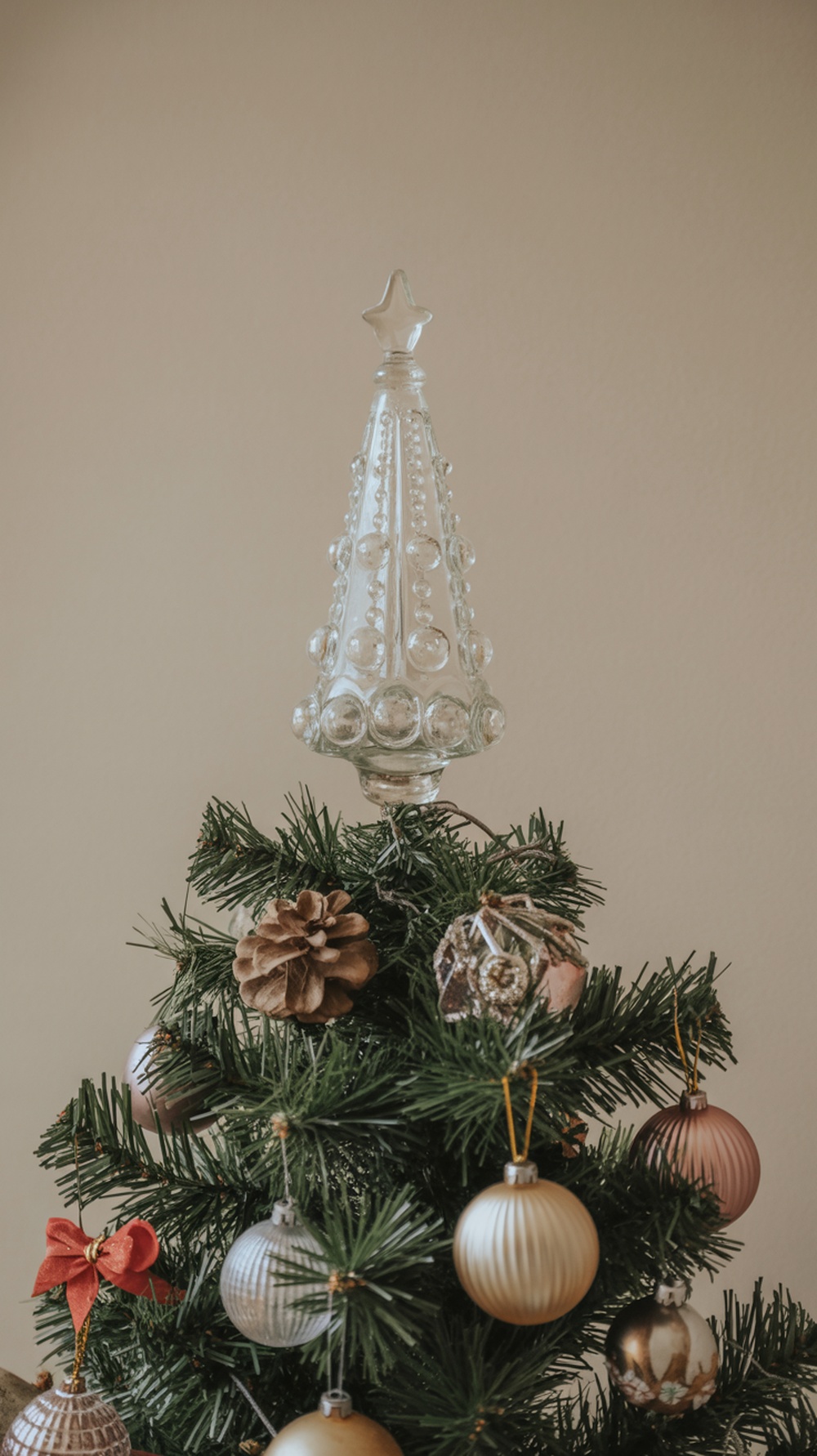 A vintage glass ornament tree topper on a Christmas tree.