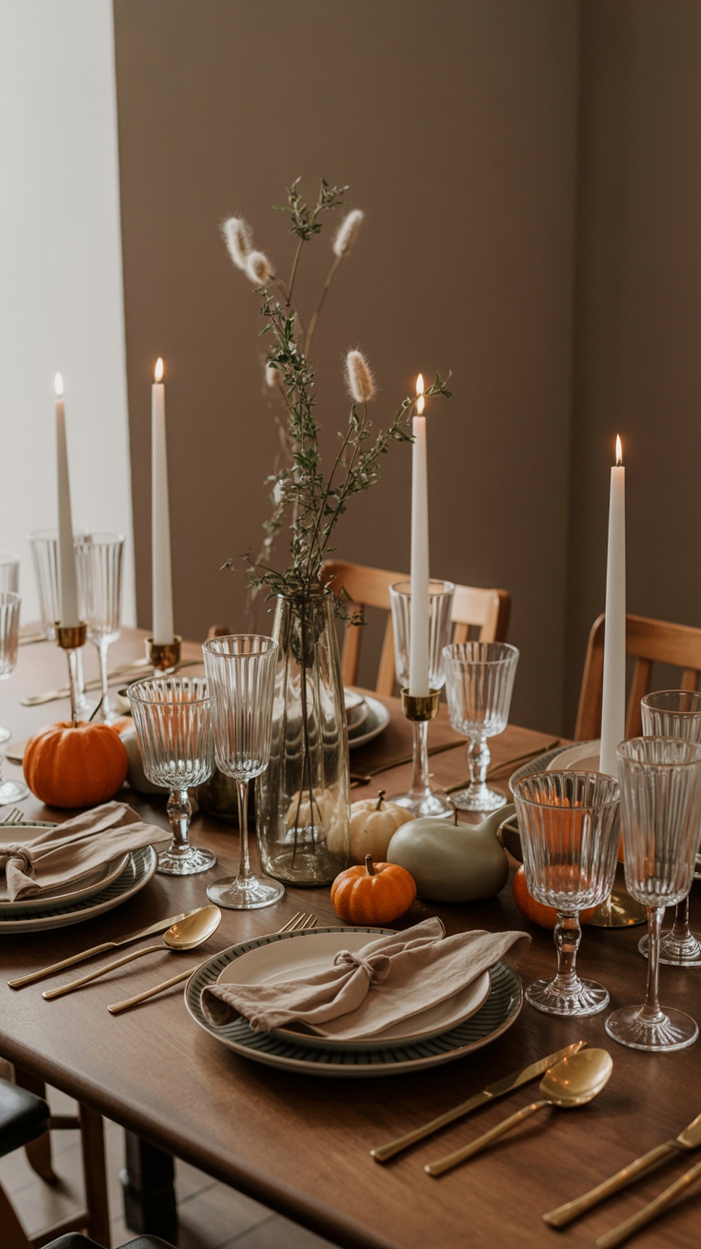 A beautifully set Thanksgiving table featuring vintage glassware, candles, and pumpkins.